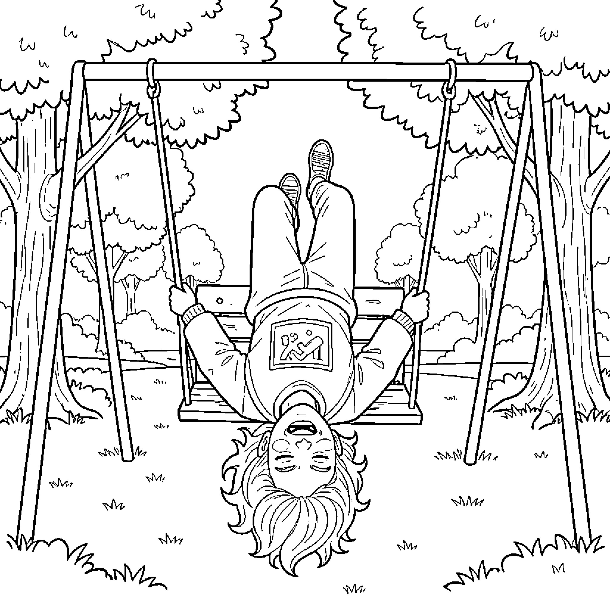Rumi swinging upside down on a playground swing Coloring Page (free black-and-white line drawing printable PDF for all, from beginners to advanced learners, including children, teens, adults, and seniors)