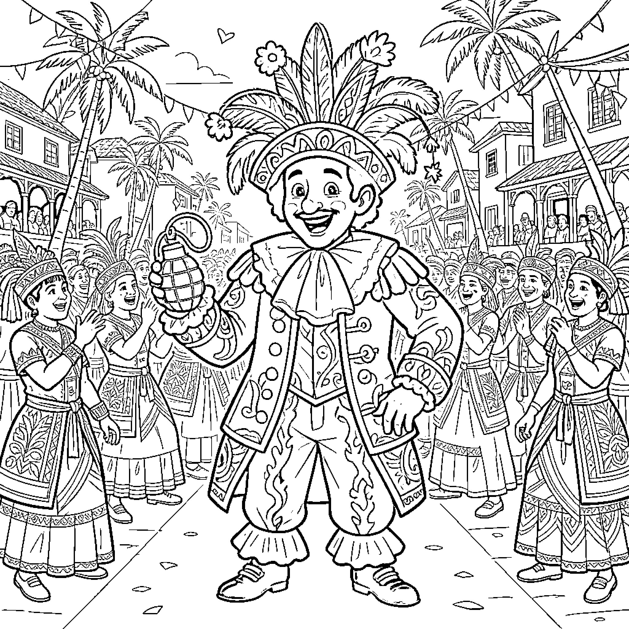 Pierrot performing for a festive crowd Coloring Page (free black-and-white line drawing printable PDF for all, from beginners to advanced learners, including children, teens, adults, and seniors)