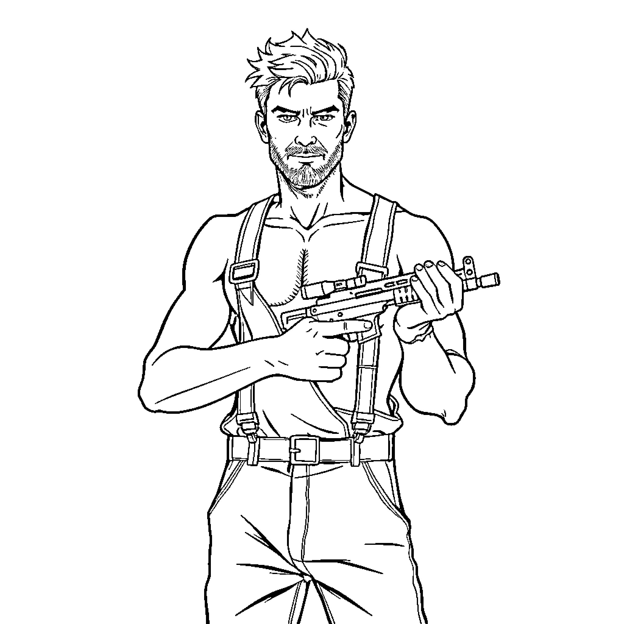 Man wielding weapon in action-oriented attire Coloring Page (free black-and-white line drawing printable PDF for all, from beginners to advanced learners, including children, teens, adults, and seniors)