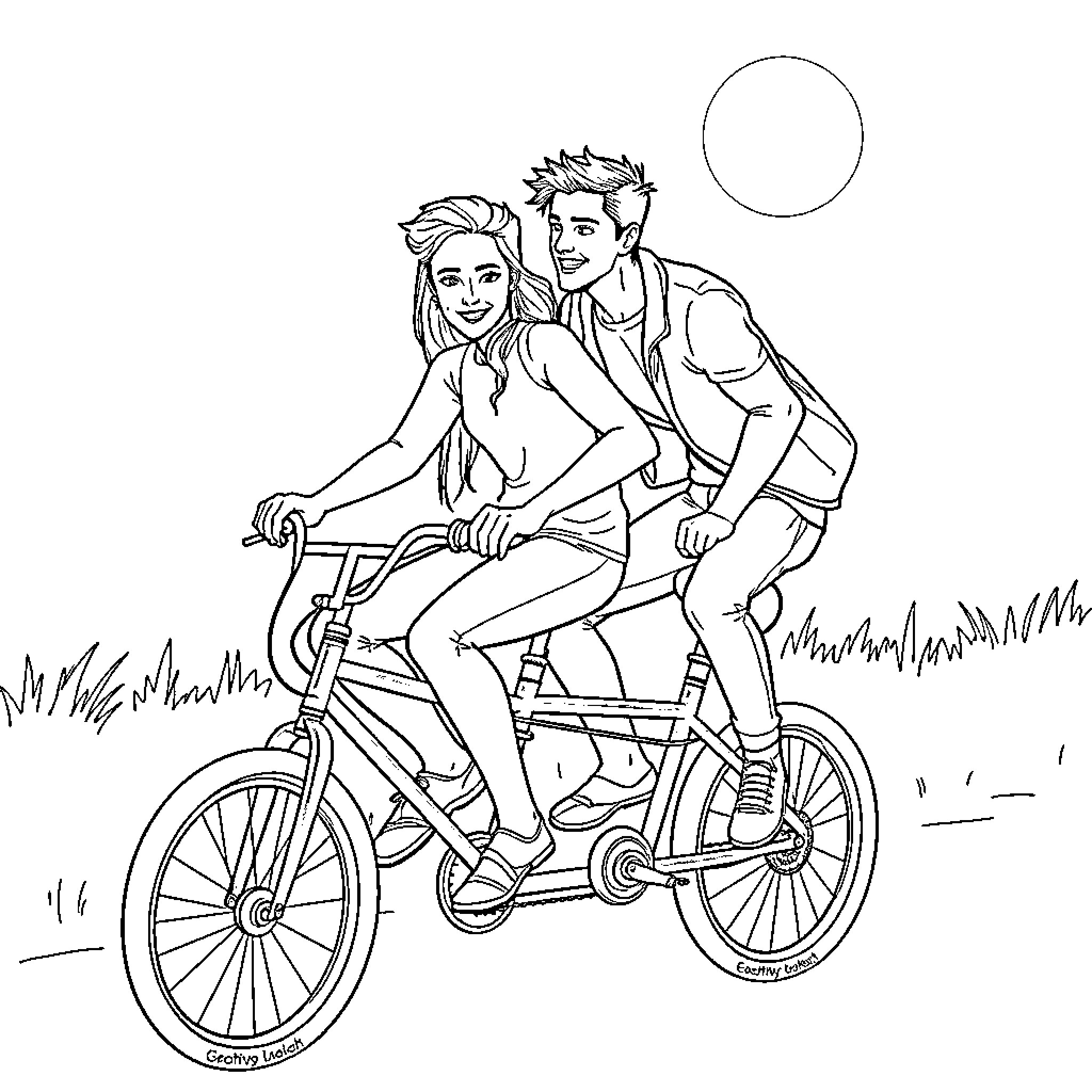Edward Cullen and his beloved riding a bicycle together Coloring Page (free black-and-white line drawing printable PDF for all, from beginners to advanced learners, including children, teens, adults, and seniors)