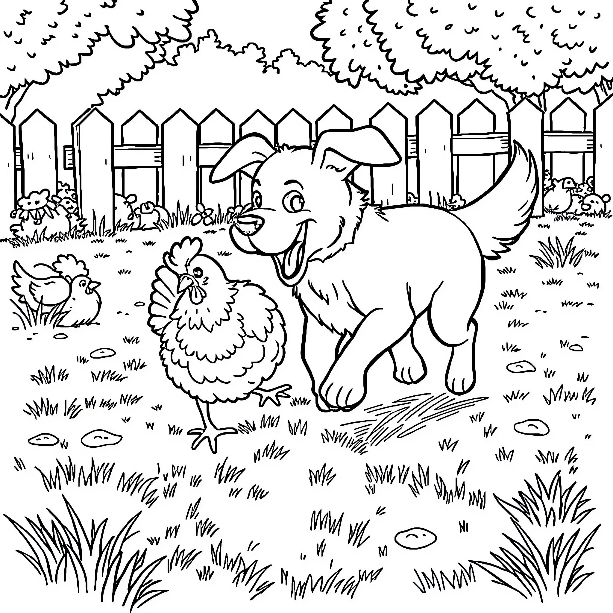 Dog Playing with Friendly Chicken in Backyard Coloring Page (free black-and-white line drawing printable PDF for all, from beginners to advanced learners, including children, teens, adults, and seniors)