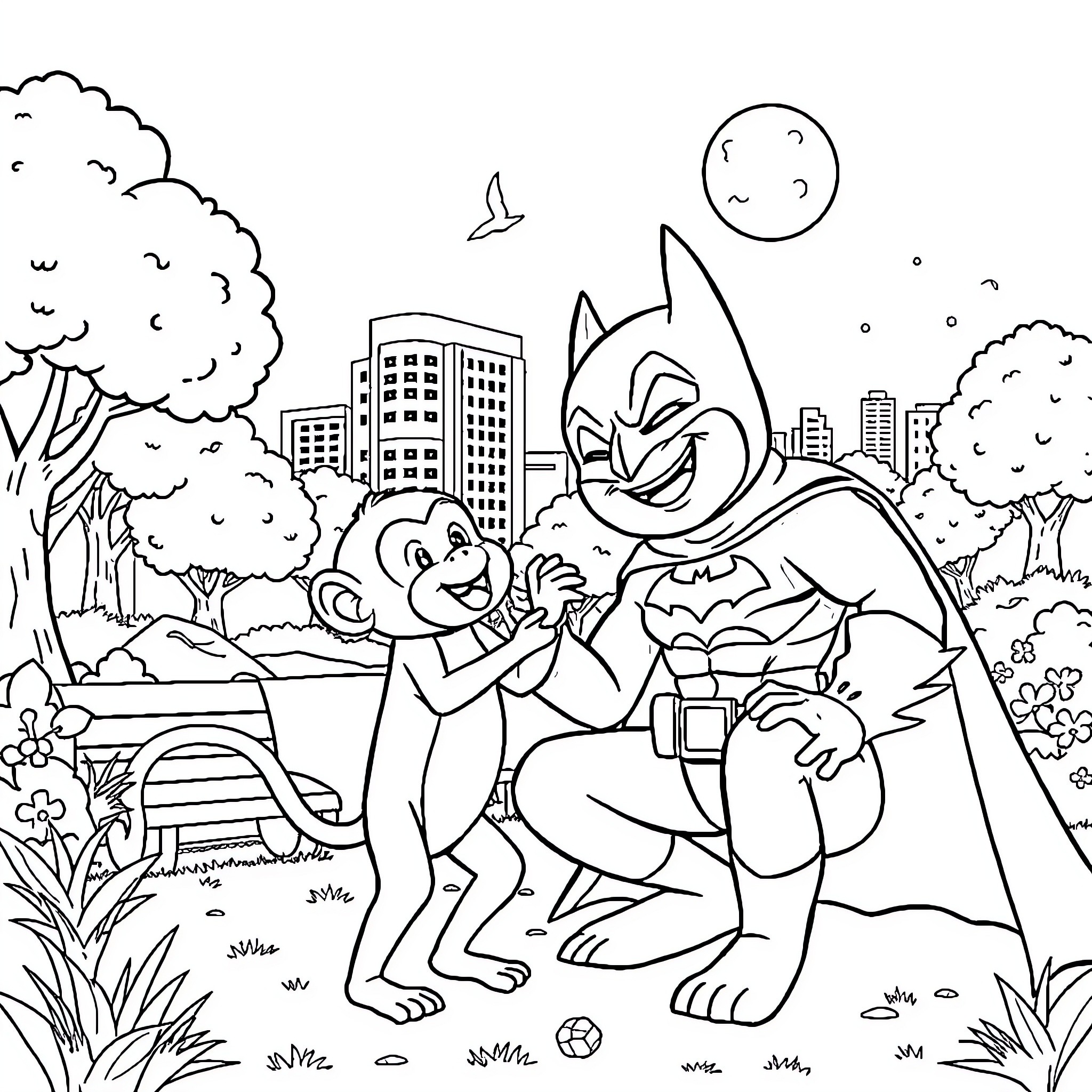 Batman chasing a mischievous character in a city park Coloring Page (free black-and-white line drawing printable PDF for all, from beginners to advanced learners, including children, teens, adults, and seniors)
