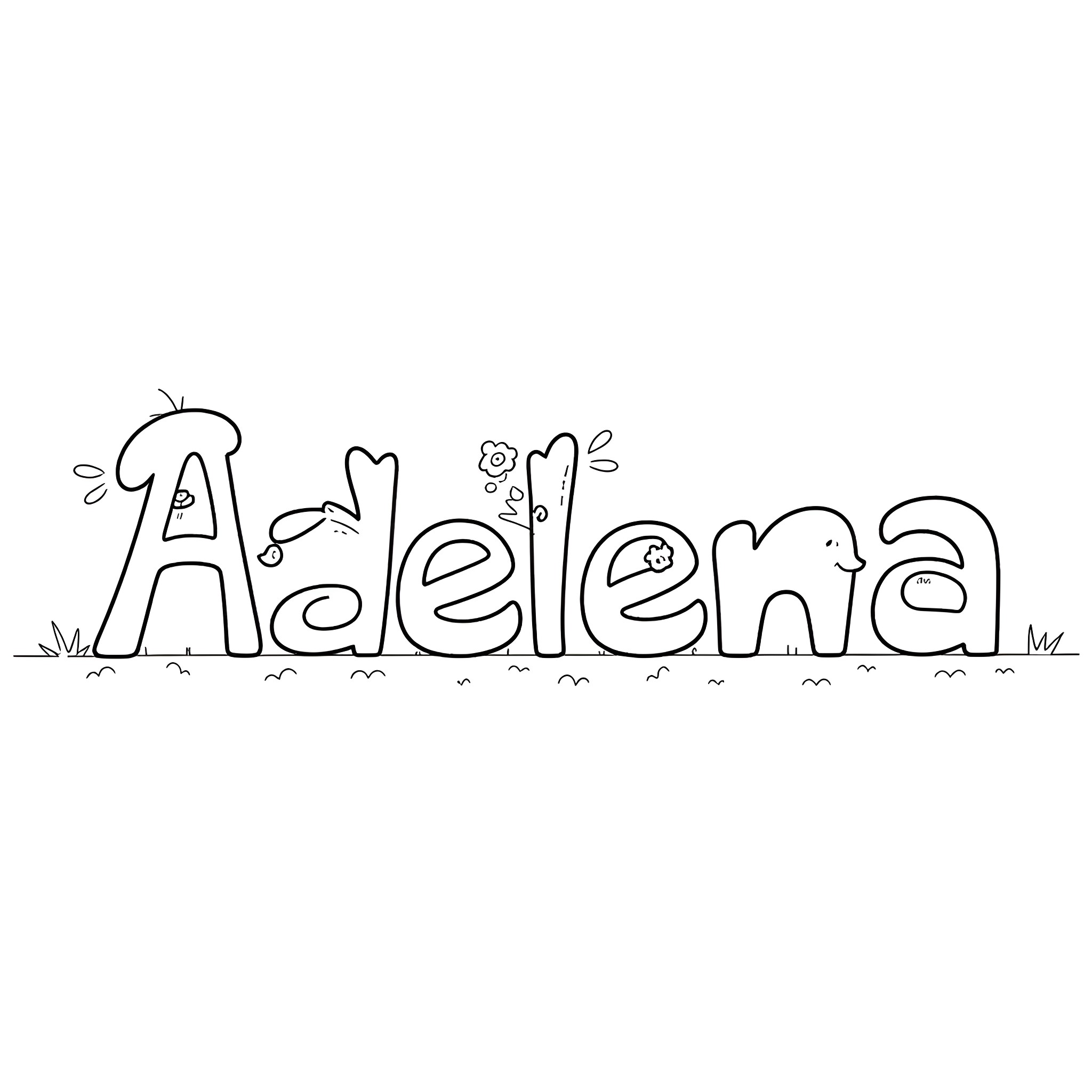 Animal's Joyful Name in the Meadow Coloring Page (free black-and-white line drawing printable PDF for all, from beginners to advanced learners, including children, teens, adults, and seniors)