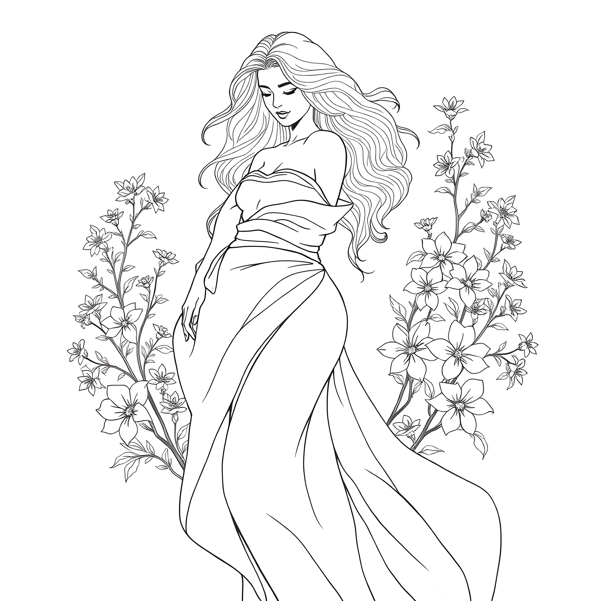 Woman in flowing dress among floral blooms Coloring Page (free black-and-white line drawing printable PDF for all, from beginners to advanced learners, including children, teens, adults, and seniors)