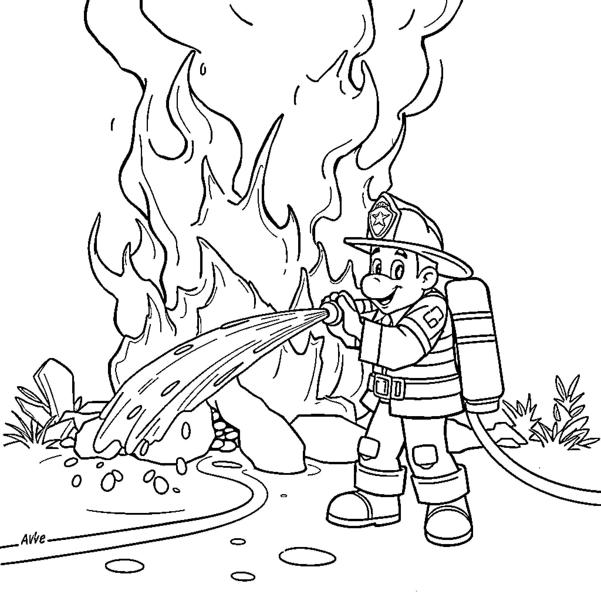 Marshall Bravely Extinguishing Flames in Action Coloring Page (free black-and-white line drawing printable PDF for all, from beginners to advanced learners, including children, teens, adults, and seniors)