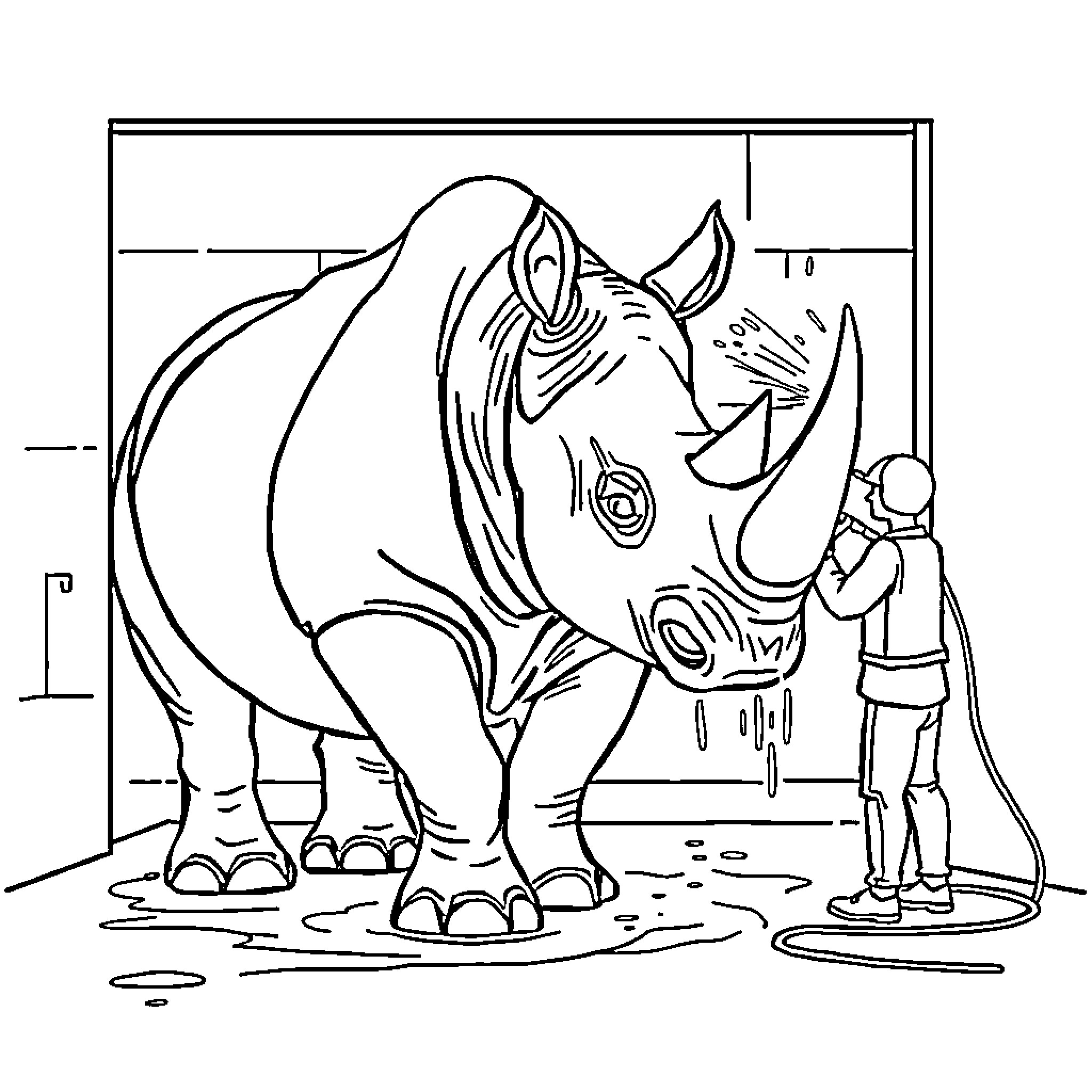 Rhino being cleaned by zookeeper in enclosure Coloring Page (free black-and-white line drawing printable PDF for all, from beginners to advanced learners, including children, teens, adults, and seniors)