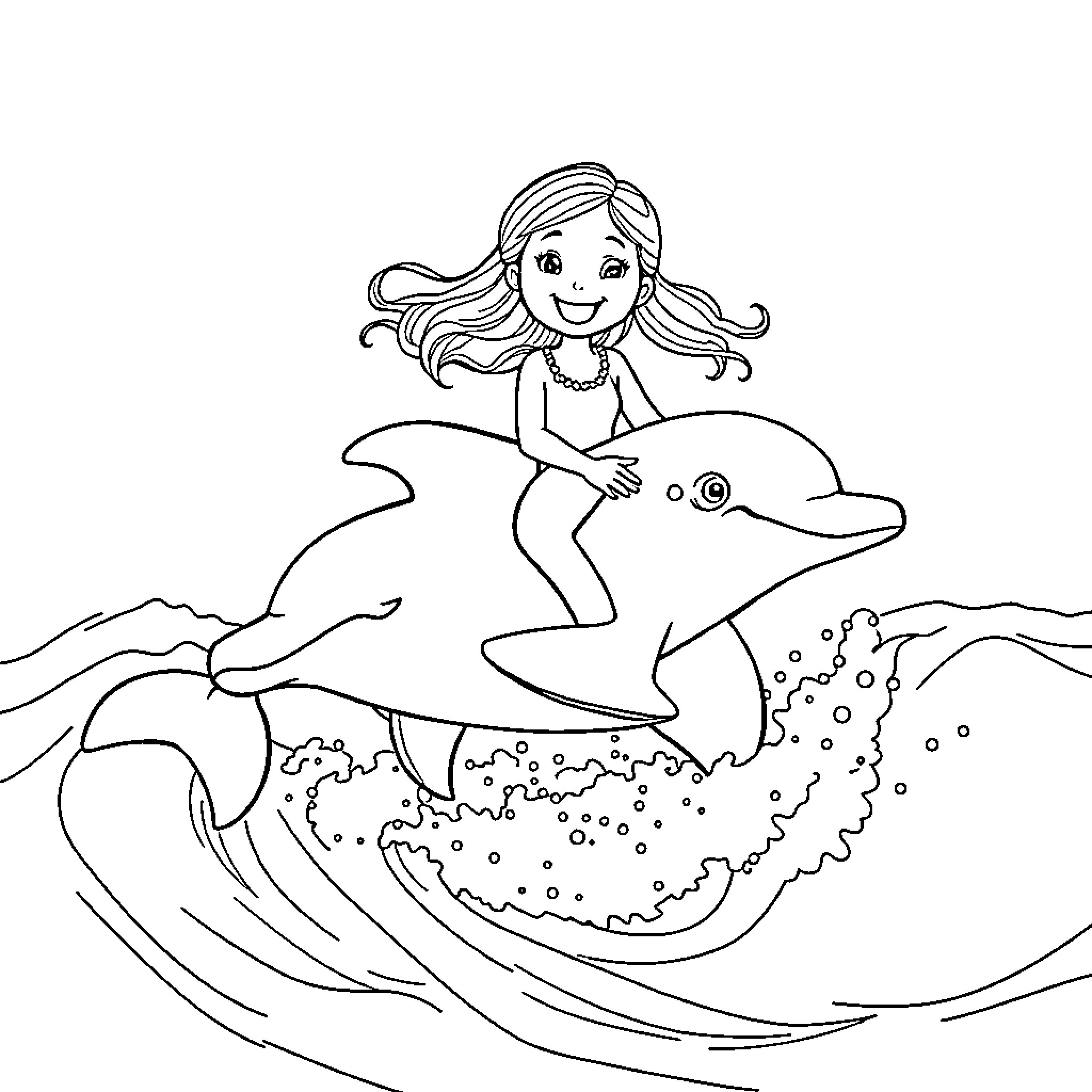 Girl riding a friendly dolphin in the ocean Coloring Page (free black-and-white line drawing printable PDF for all, from beginners to advanced learners, including children, teens, adults, and seniors)