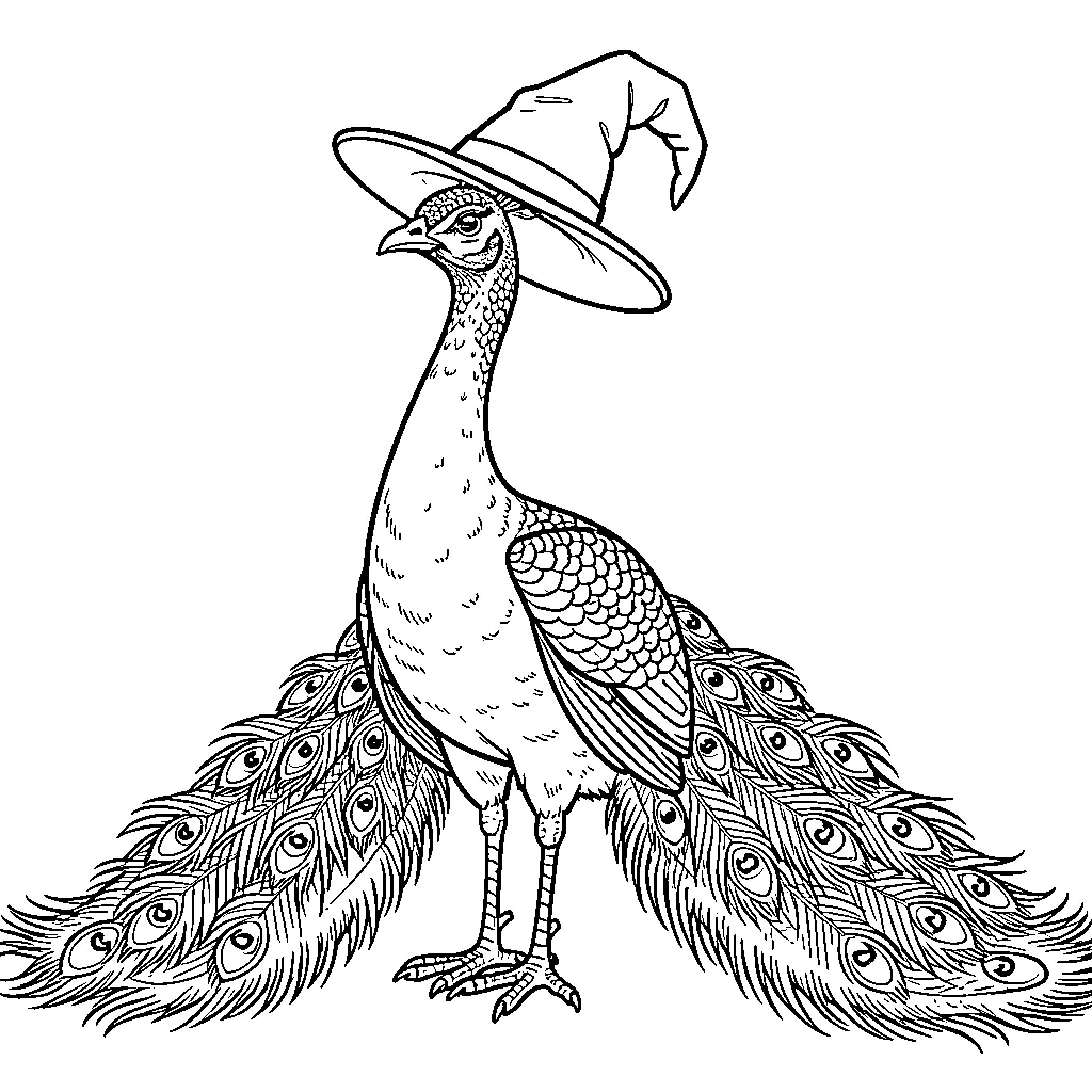 Peacock in Fancy Attire Posing Proudly Coloring Page (free black-and-white line drawing printable PDF for all, from beginners to advanced learners, including children, teens, adults, and seniors)