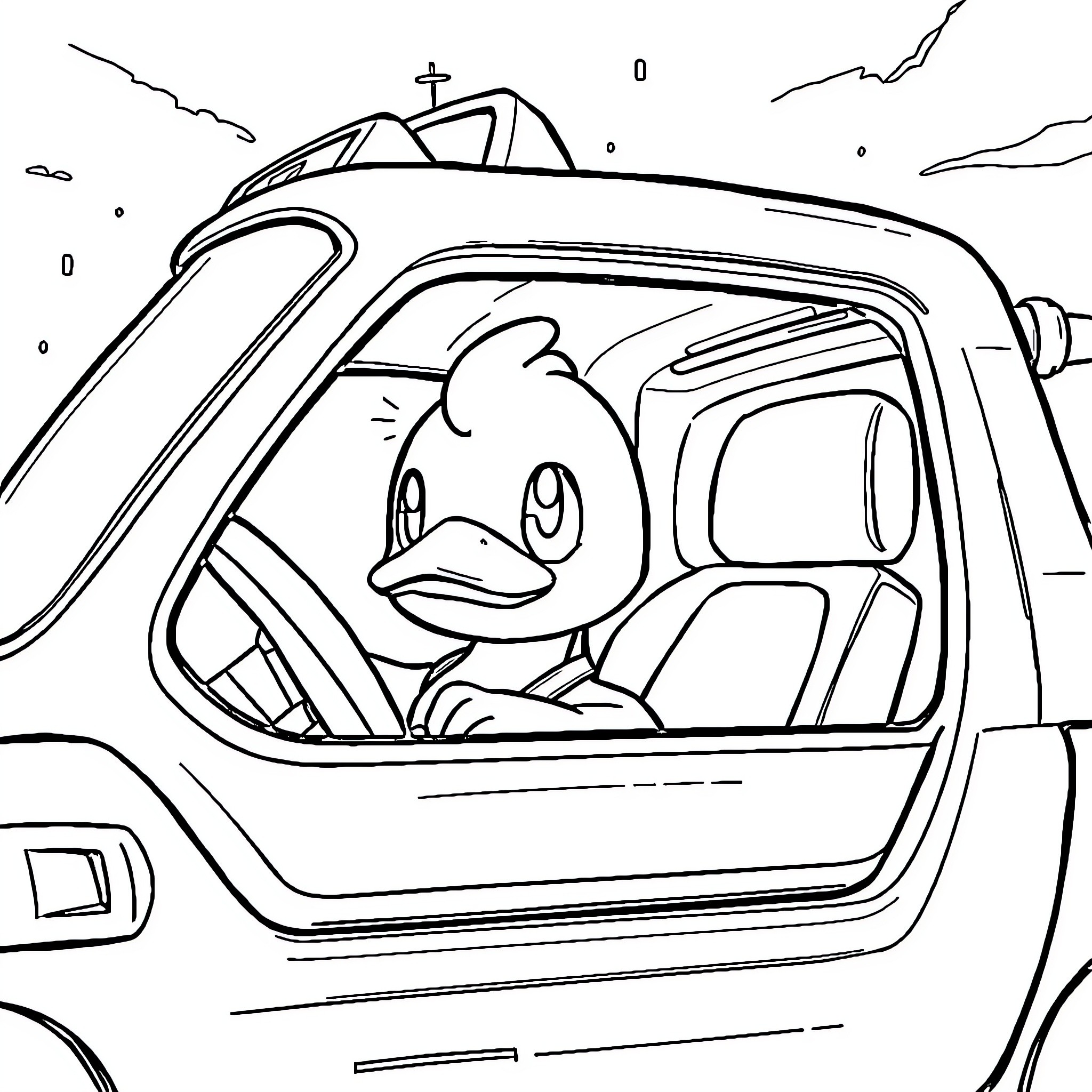Psyduck driving a car with an anxious expression Coloring Page (free black-and-white line drawing printable PDF for all, from beginners to advanced learners, including children, teens, adults, and seniors)