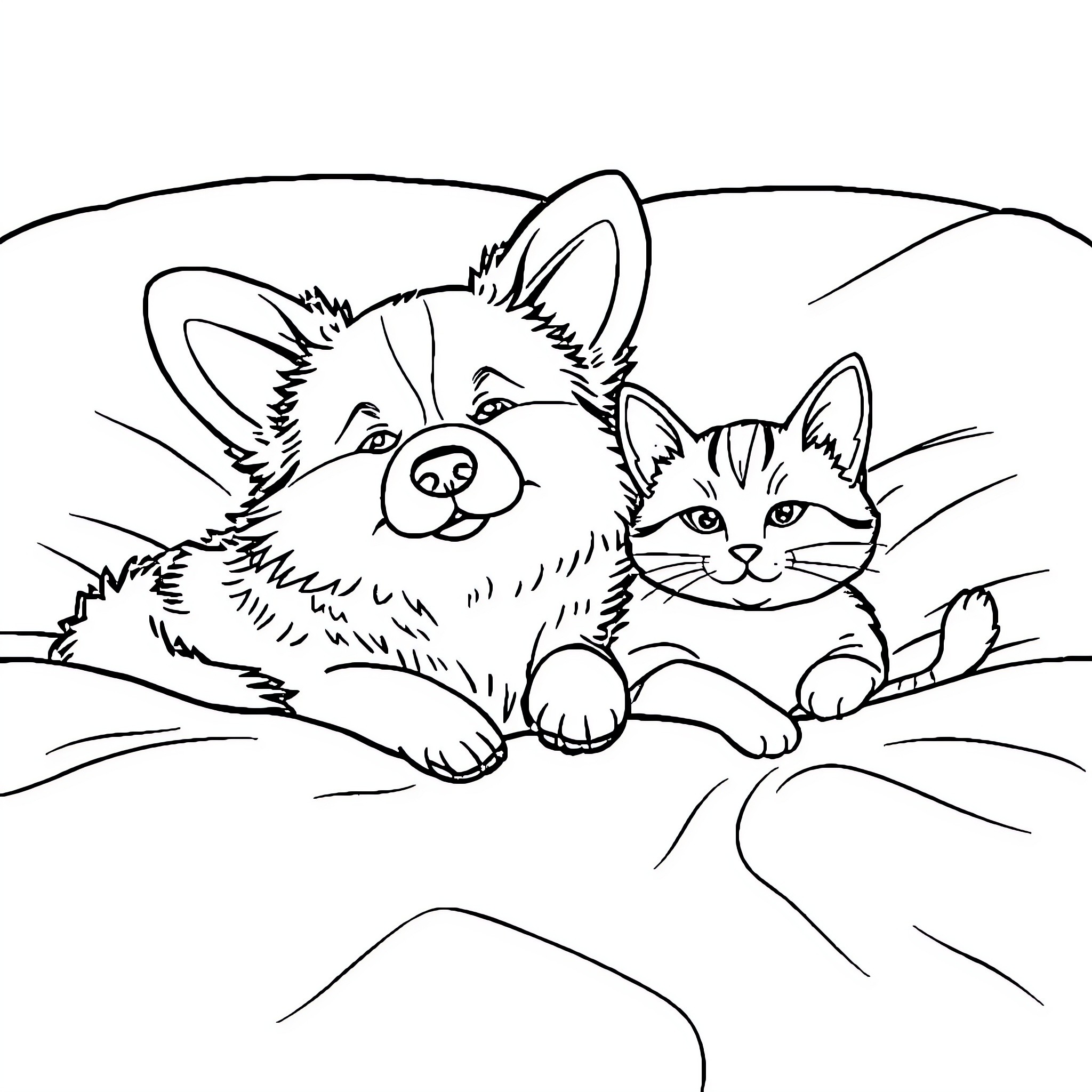 Corgi and Kitten Cuddling in Cozy Setting Coloring Page (free black-and-white line drawing printable PDF for all, from beginners to advanced learners, including children, teens, adults, and seniors)