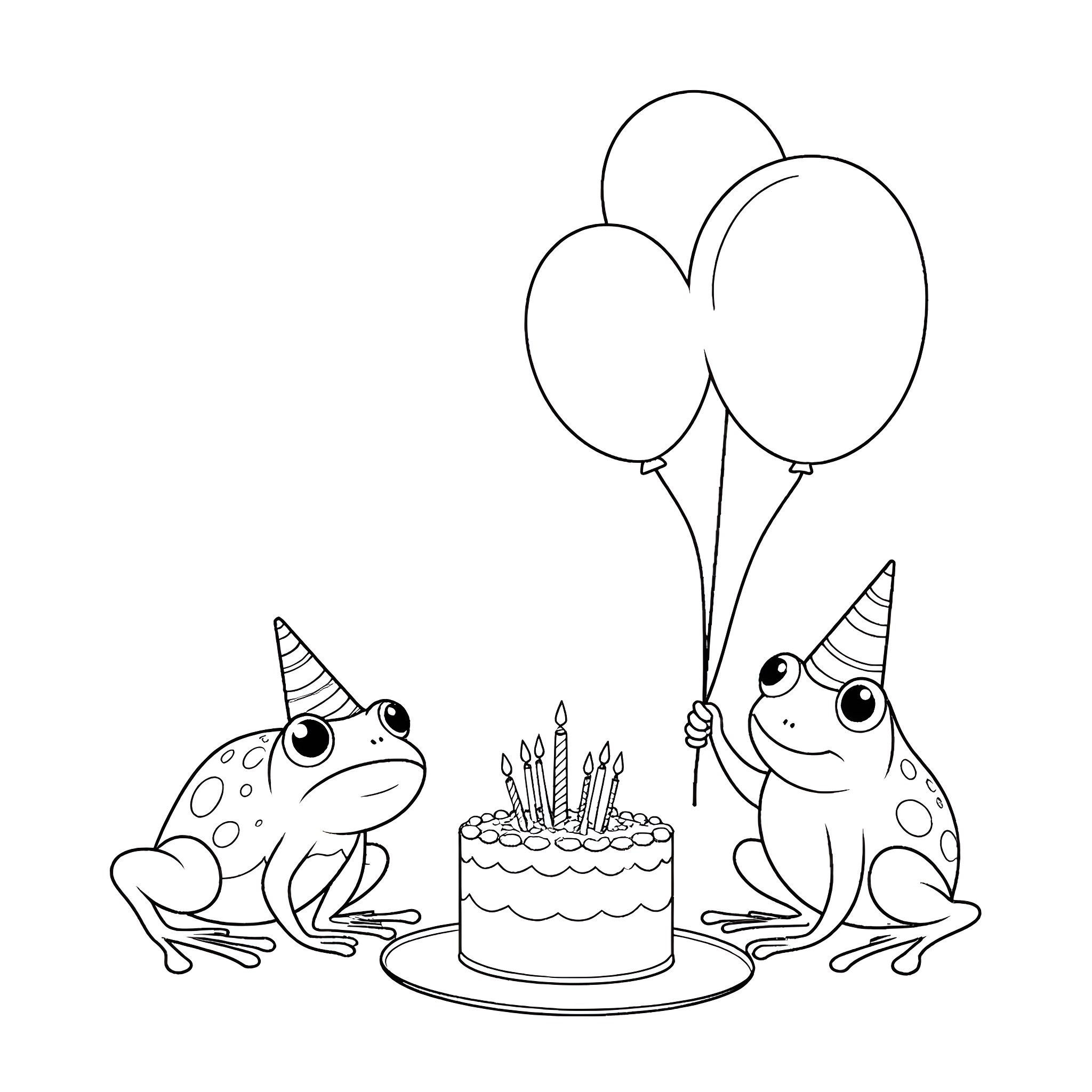 Frogs celebrating with cake and balloons Coloring Page (free black-and-white line drawing printable PDF for all, from beginners to advanced learners, including children, teens, adults, and seniors)