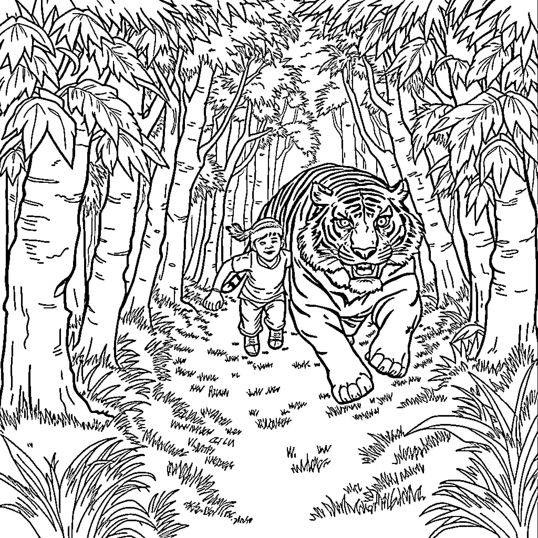 Person exploring tropical forest with tiger Coloring Page (free black-and-white line drawing printable PDF for all, from beginners to advanced learners, including children, teens, adults, and seniors)