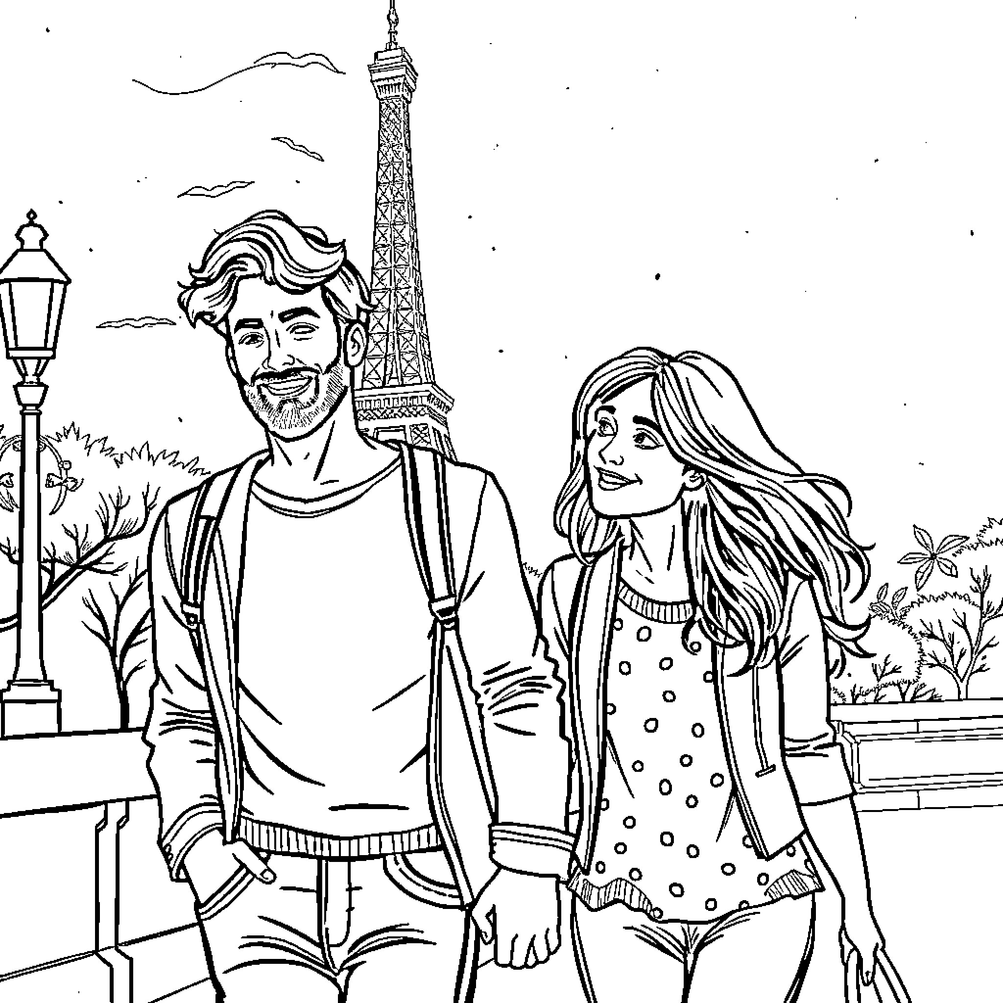 Person admiring the Eiffel Tower with a friend Coloring Page (free black-and-white line drawing printable PDF for all, from beginners to advanced learners, including children, teens, adults, and seniors)