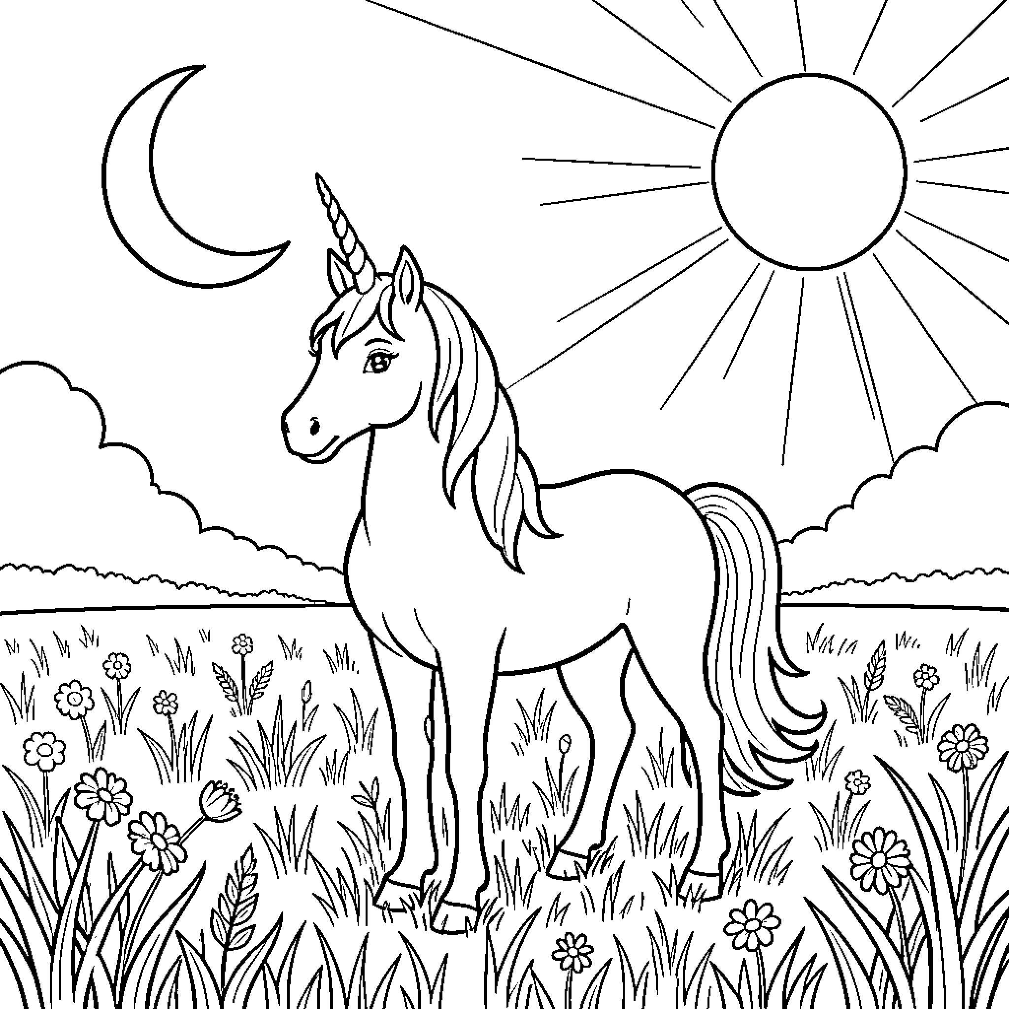 Unicorn standing peacefully in a sunny meadow Coloring Page (free black-and-white line drawing printable PDF for all, from beginners to advanced learners, including children, teens, adults, and seniors)