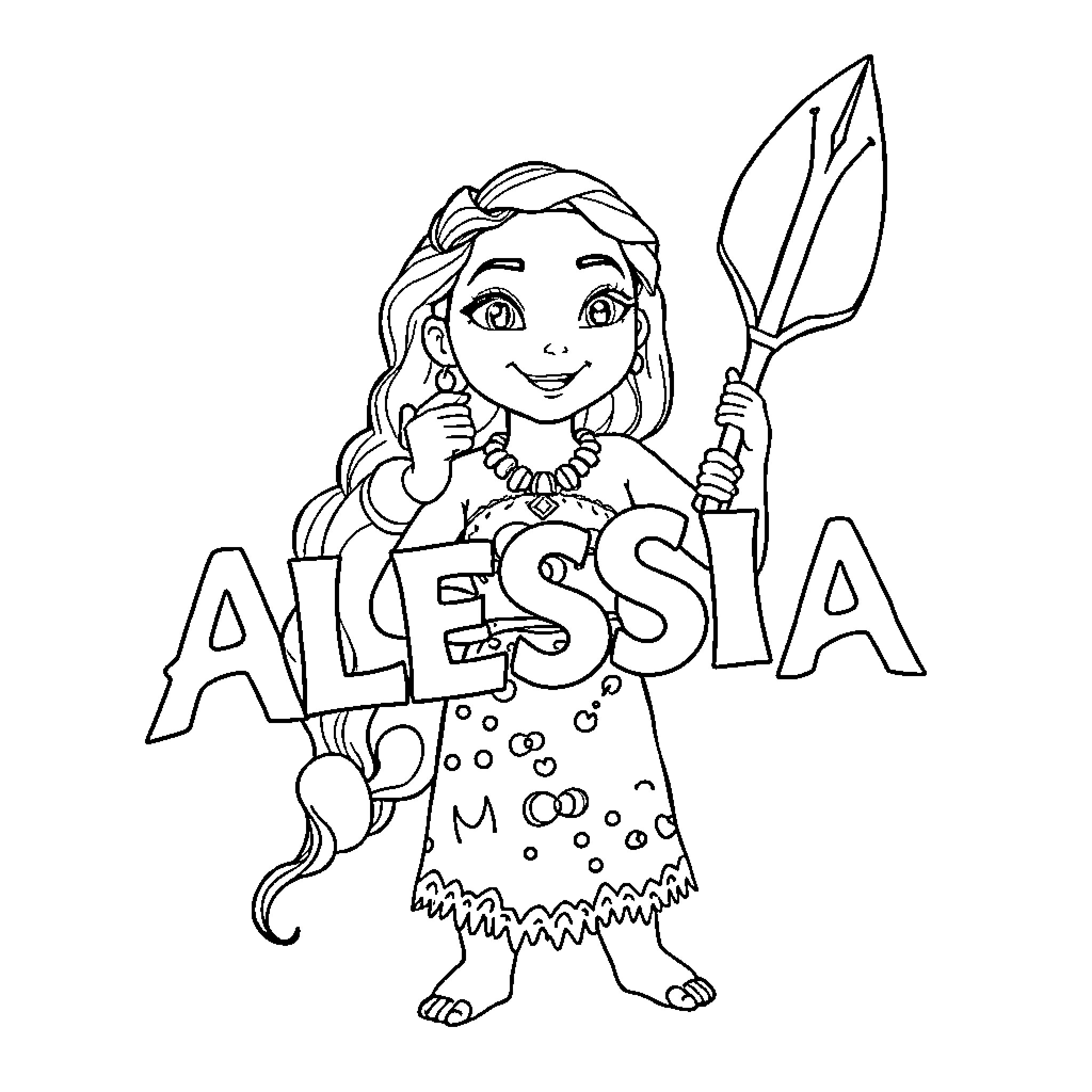 Moana exploring the island with spear Coloring Page (free black-and-white line drawing printable PDF for all, from beginners to advanced learners, including children, teens, adults, and seniors)
