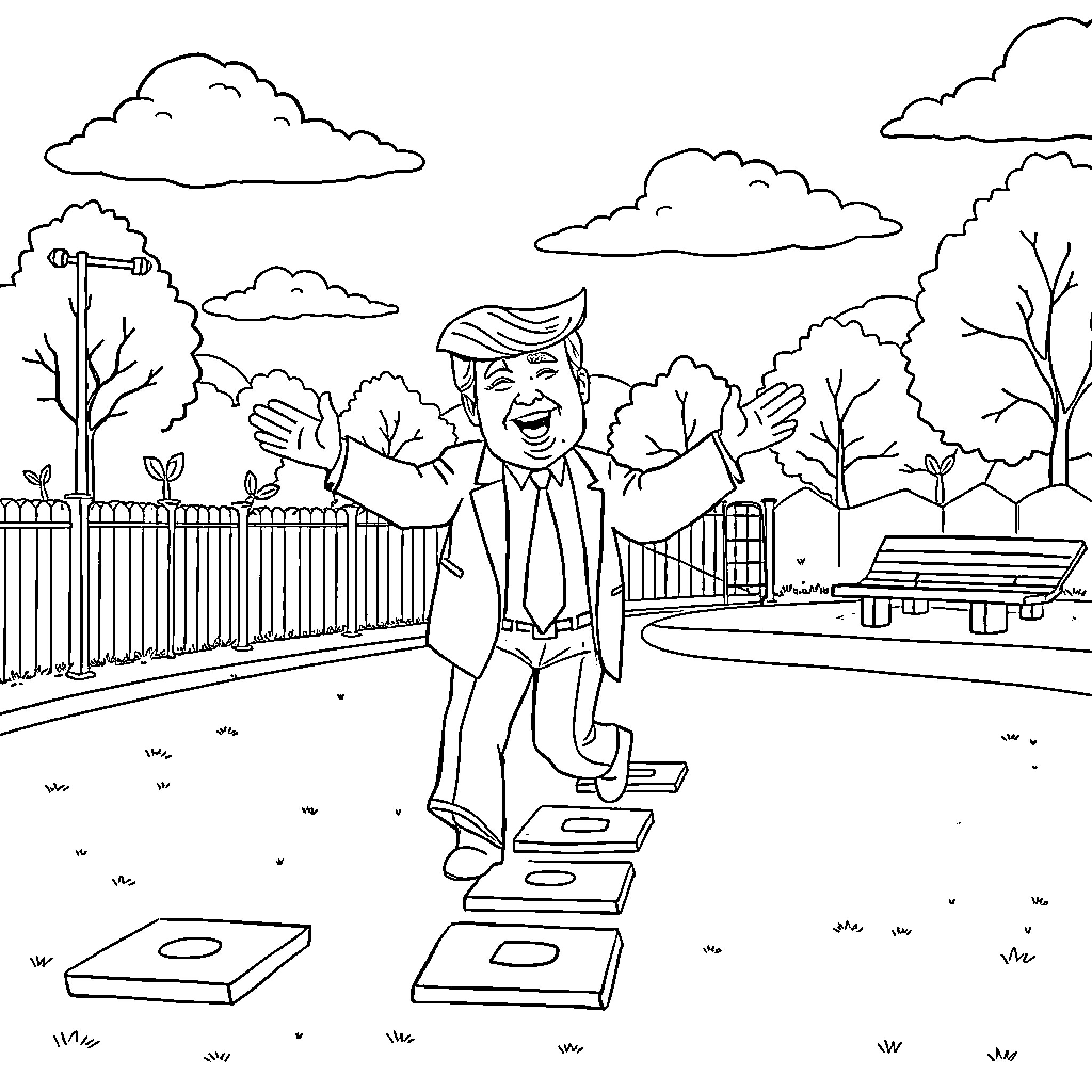 Donald Trump playing cornhole in the park Coloring Page (free black-and-white line drawing printable PDF for all, from beginners to advanced learners, including children, teens, adults, and seniors)