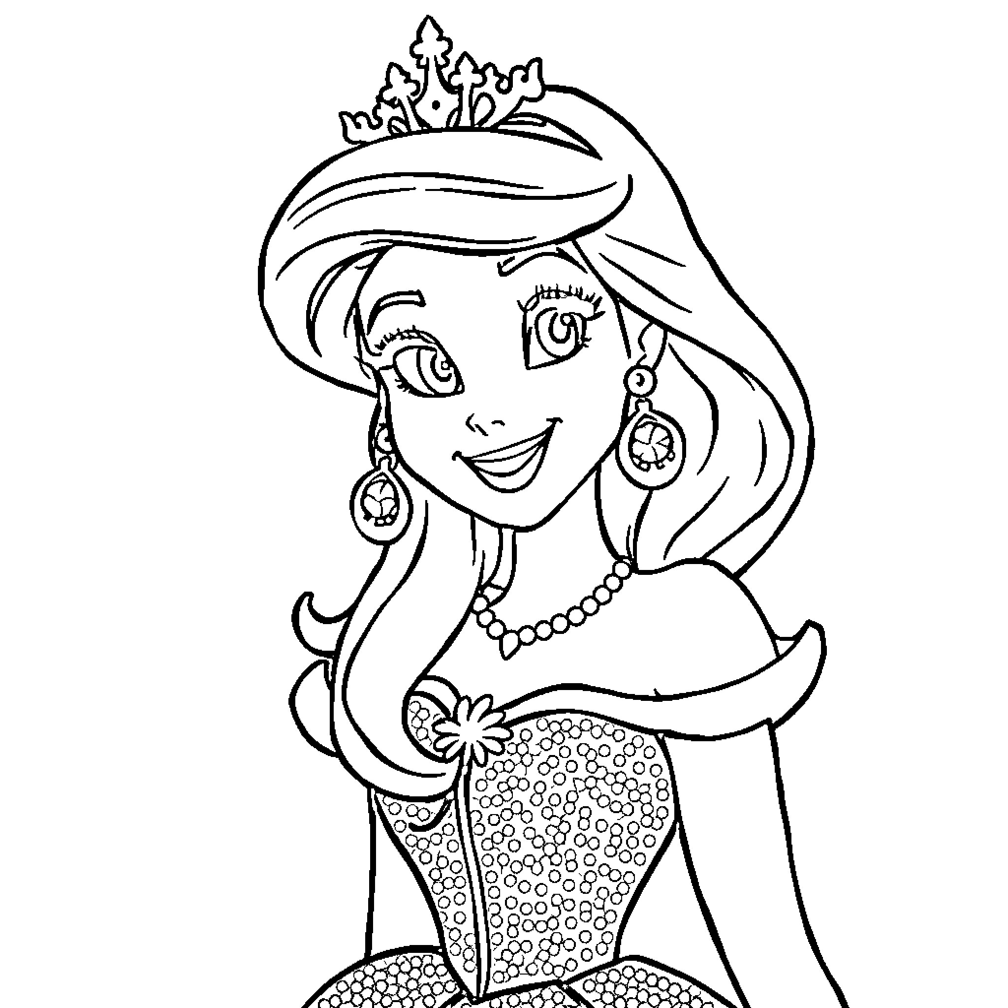 Disney Princess in Elegant Dress and Crown Coloring Page (free black-and-white line drawing printable PDF for all, from beginners to advanced learners, including children, teens, adults, and seniors)