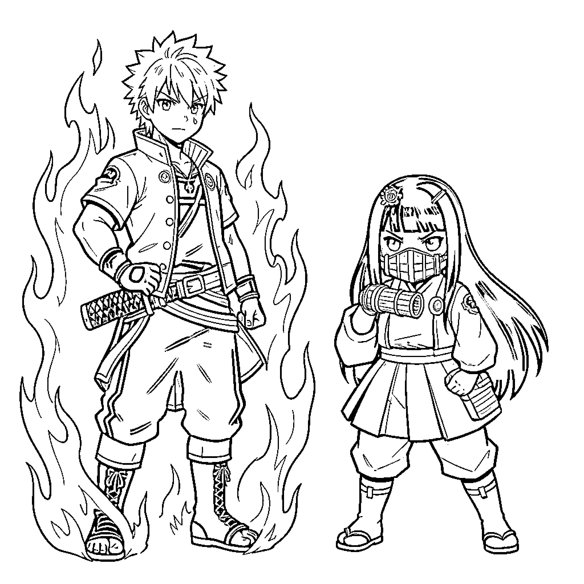 Natsu and Nezuko standing together in battle stances Coloring Page (free black-and-white line drawing printable PDF for all, from beginners to advanced learners, including children, teens, adults, and seniors)