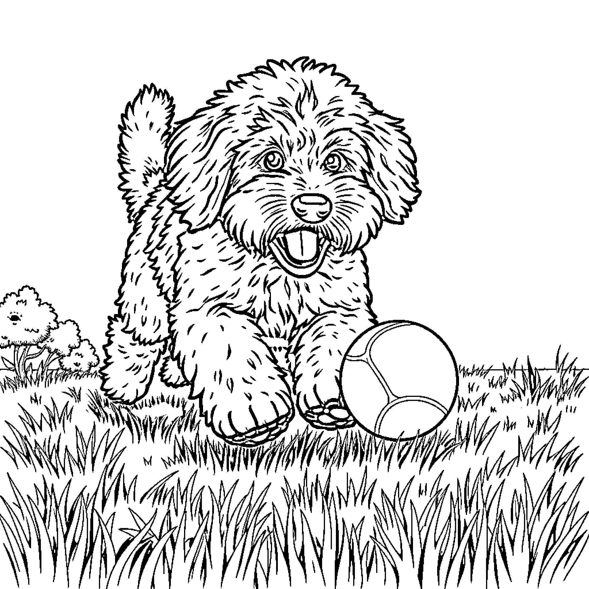 Doodle of a happy puppy playing with a ball Coloring Page (free black-and-white line drawing printable PDF for all, from beginners to advanced learners, including children, teens, adults, and seniors)