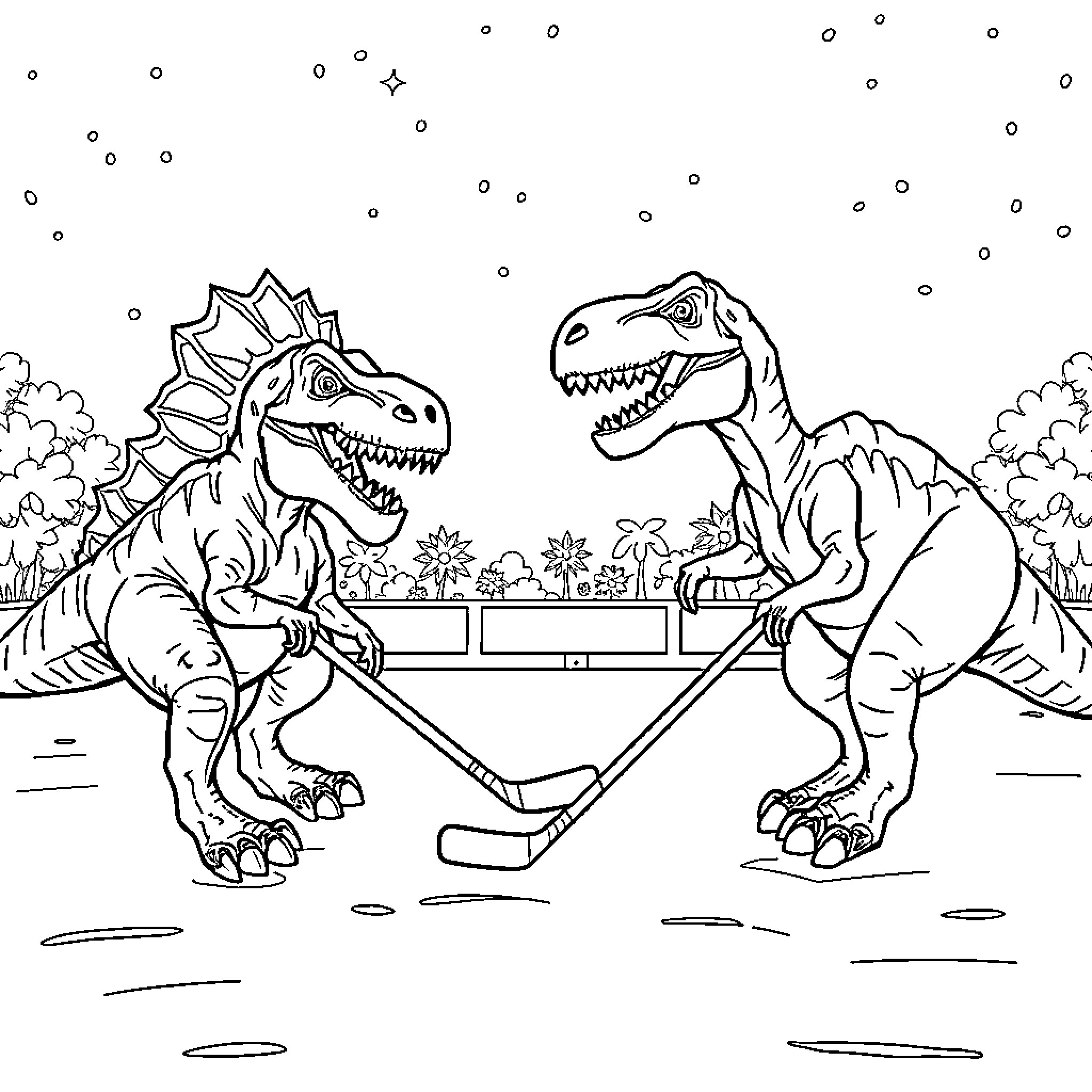 Dinosaurs playing hockey in a park Coloring Page (free black-and-white line drawing printable PDF for all, from beginners to advanced learners, including children, teens, adults, and seniors)