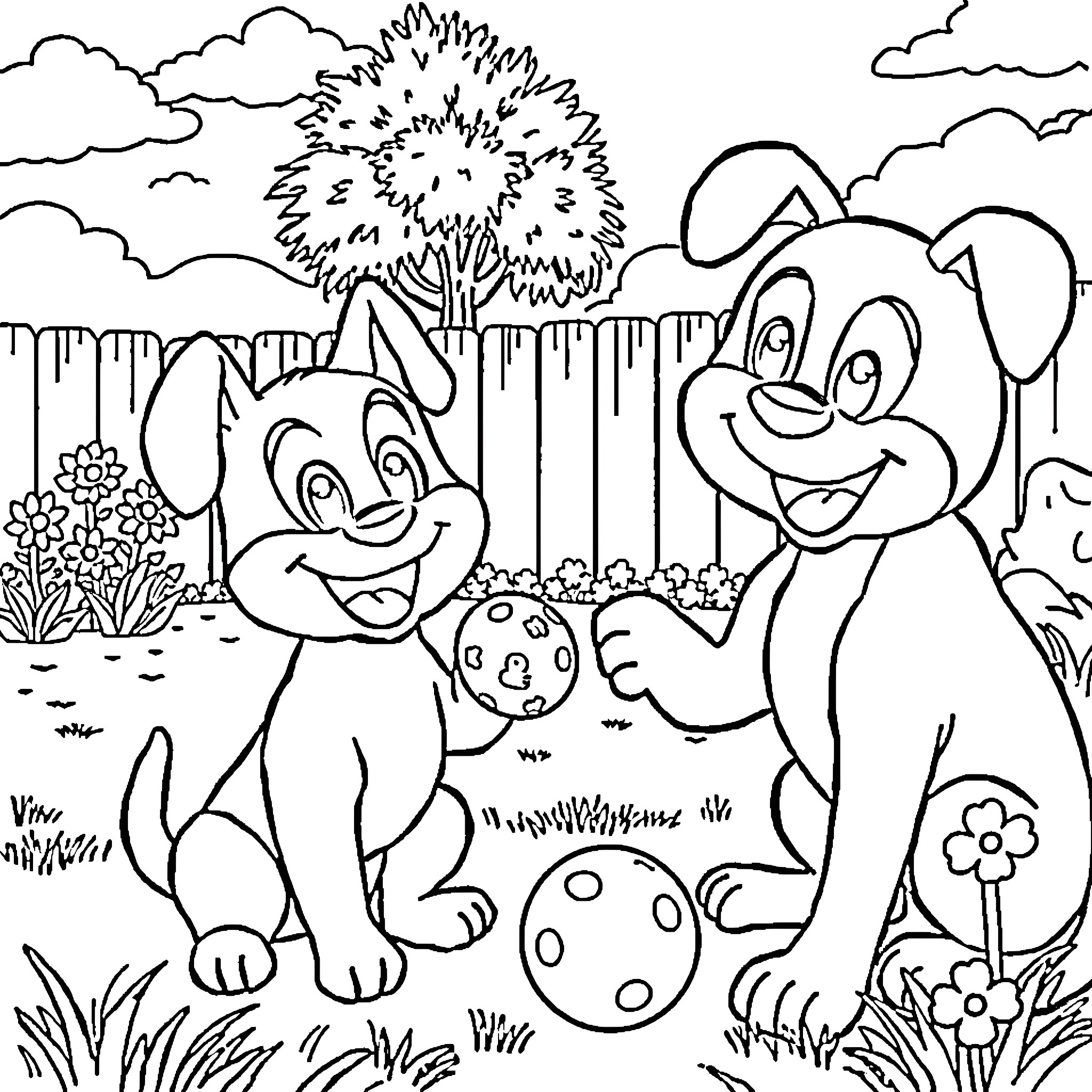 Bluey and Friends Playing Joyfully in the Backyard Coloring Page (free black-and-white line drawing printable PDF for all, from beginners to advanced learners, including children, teens, adults, and seniors)
