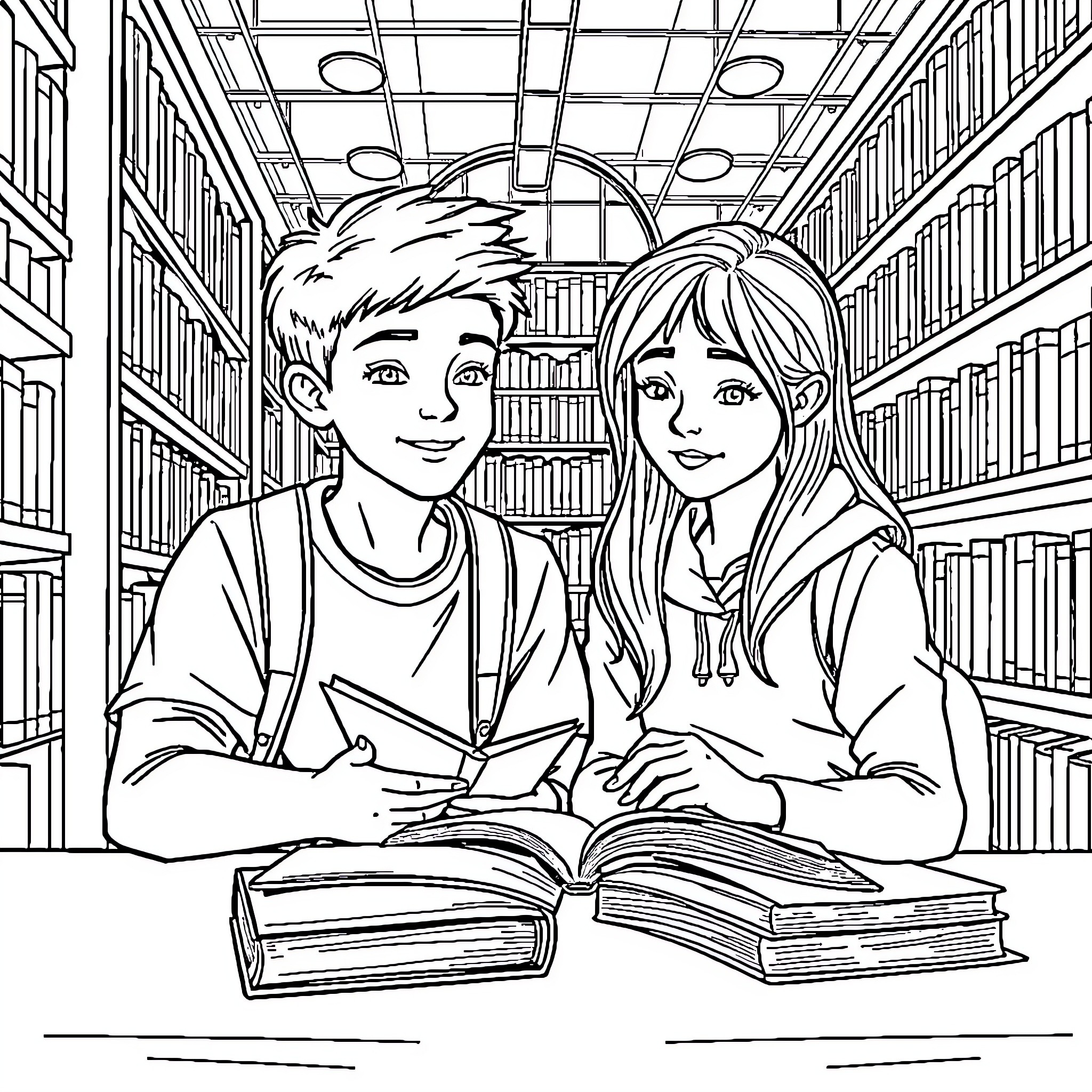 Students Studying Together in the Library Coloring Page (free black-and-white line drawing printable PDF for all, from beginners to advanced learners, including children, teens, adults, and seniors)