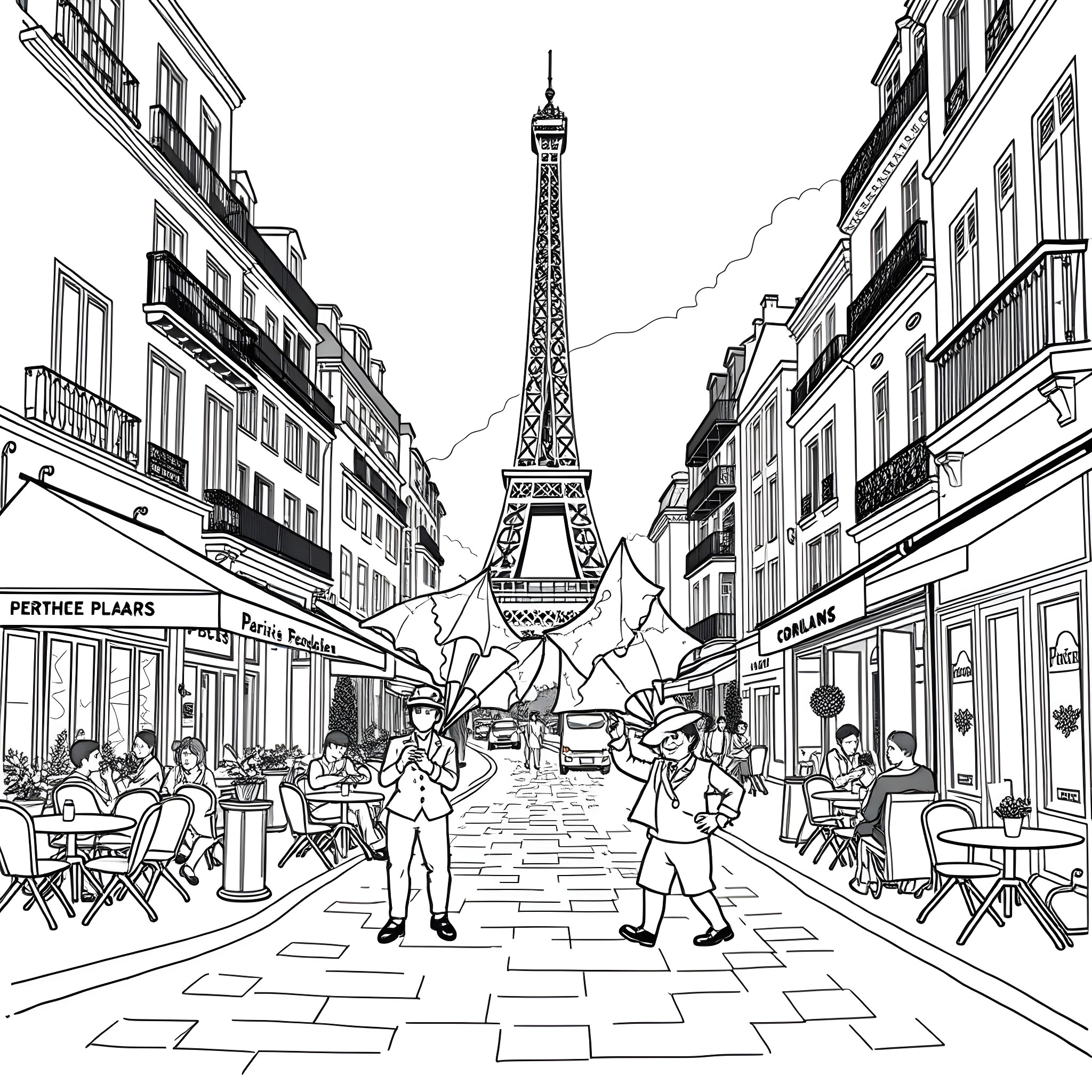 Bluey and friends explore the iconic Eiffel Tower in Paris Coloring Page (free black-and-white line drawing printable PDF for all, from beginners to advanced learners, including children, teens, adults, and seniors)