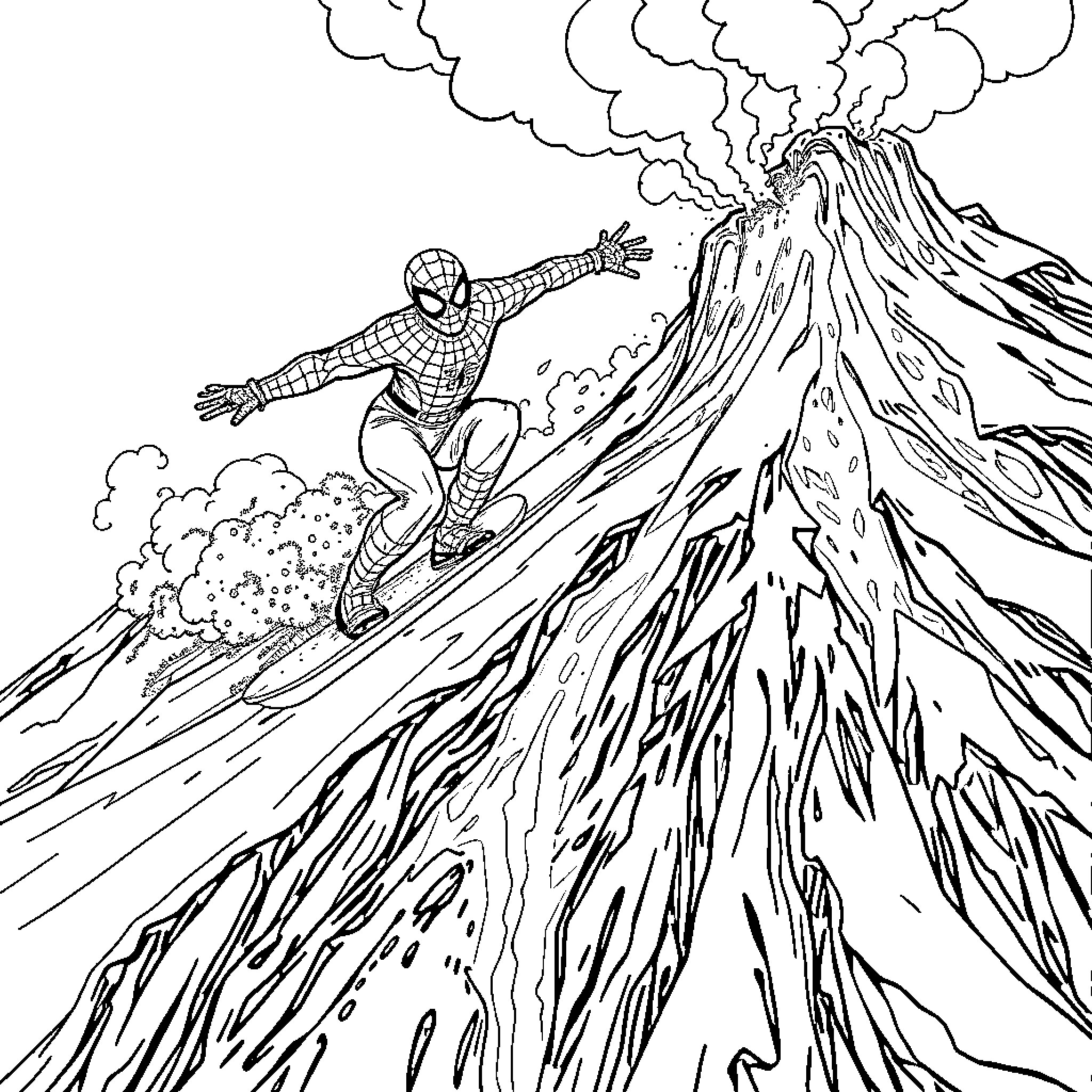Spiderman swinging through dramatic volcanic landscape Coloring Page (free black-and-white line drawing printable PDF for all, from beginners to advanced learners, including children, teens, adults, and seniors)