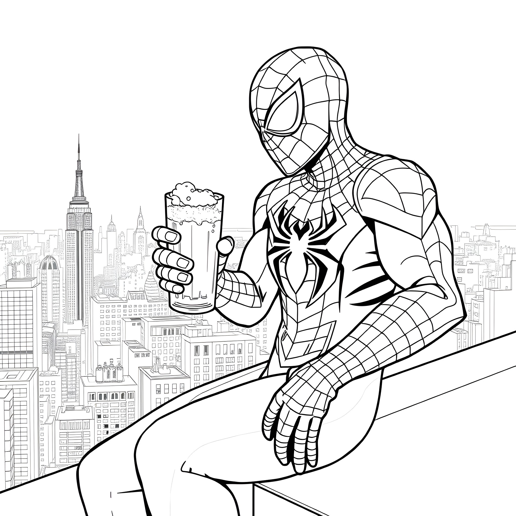 Spider-Man enjoying a cold beverage on a cityscape rooftop Coloring Page (free black-and-white line drawing printable PDF for all, from beginners to advanced learners, including children, teens, adults, and seniors)
