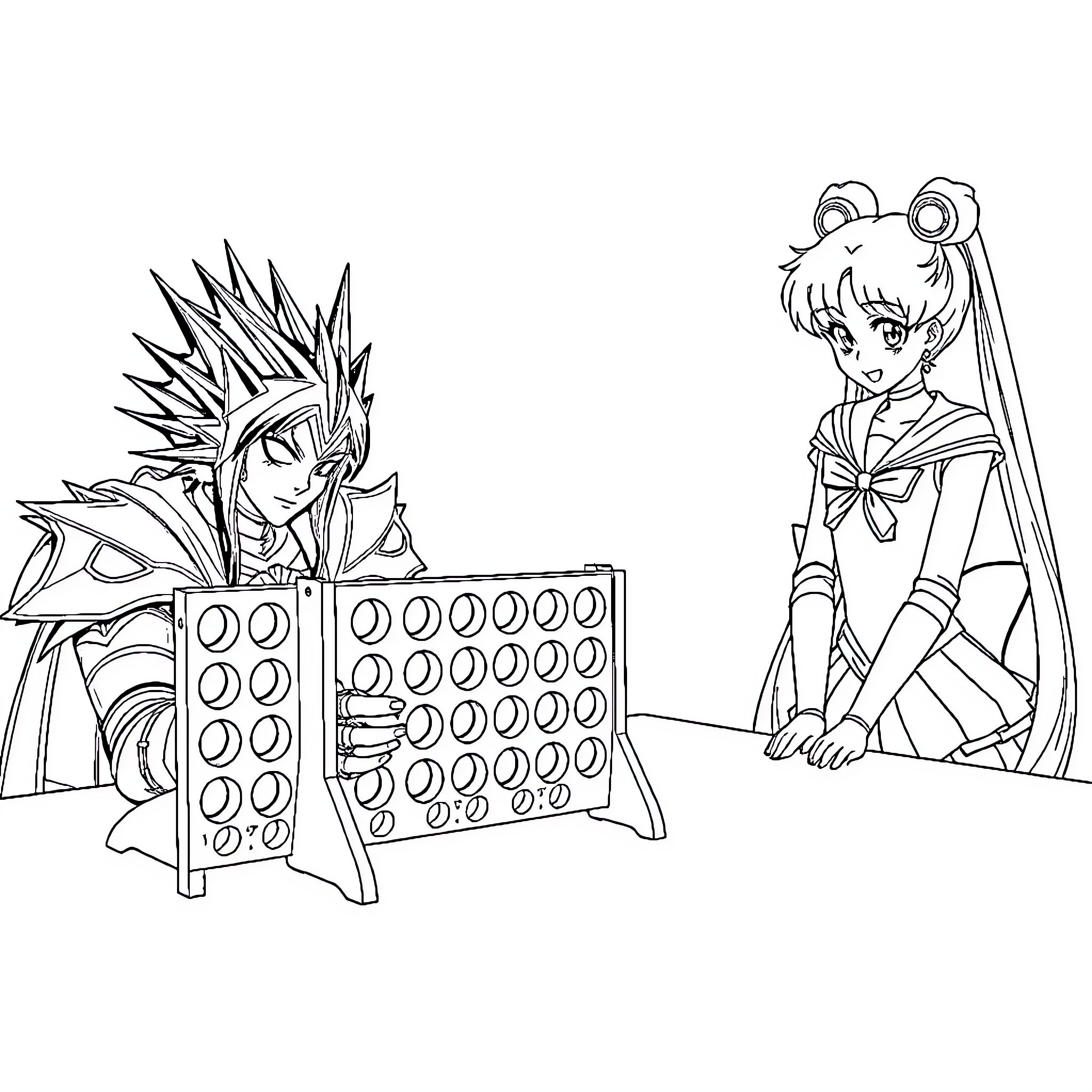 Sephiroth and Sailor Moon in Anime-Inspired Scene Coloring Page (free black-and-white line drawing printable PDF for all, from beginners to advanced learners, including children, teens, adults, and seniors)