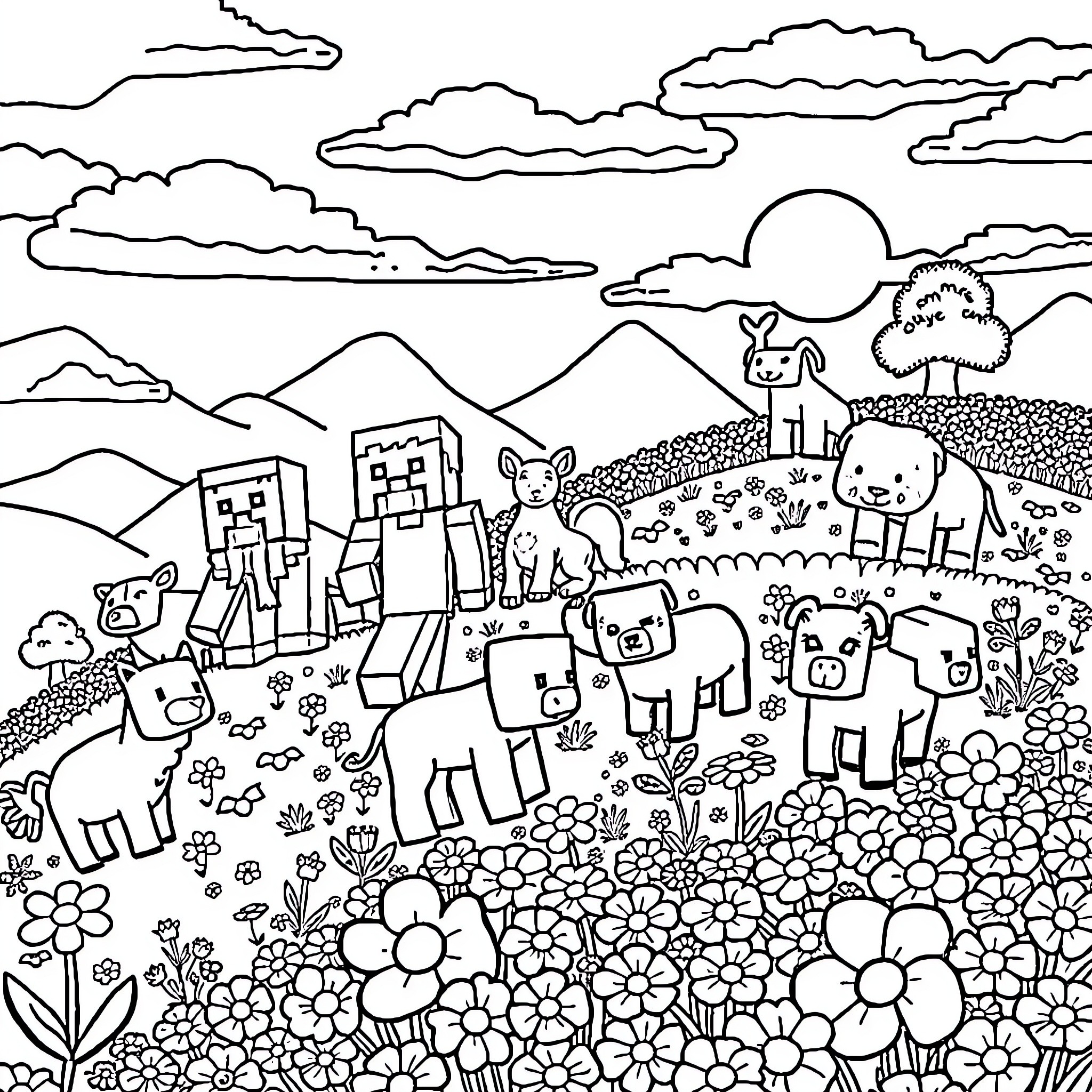 Animal friends in whimsical landscape Coloring Page (free black-and-white line drawing printable PDF for all, from beginners to advanced learners, including children, teens, adults, and seniors)