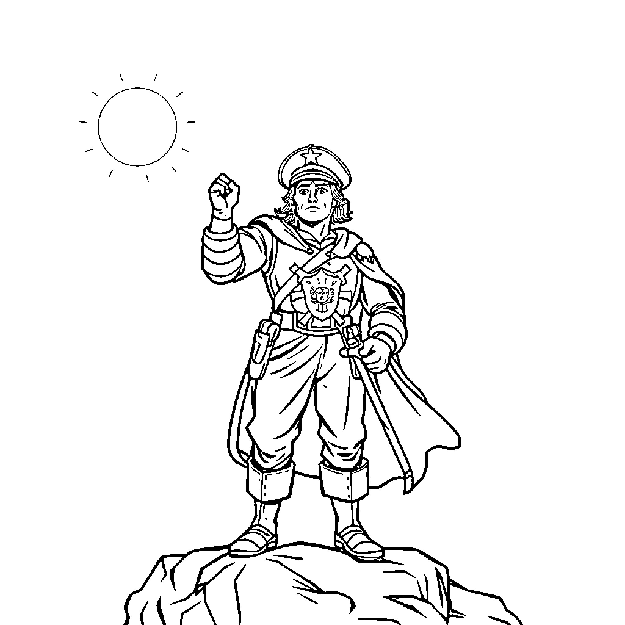 Captain America Triumphant Pose on Rocky Terrain Coloring Page (free black-and-white line drawing printable PDF for all, from beginners to advanced learners, including children, teens, adults, and seniors)