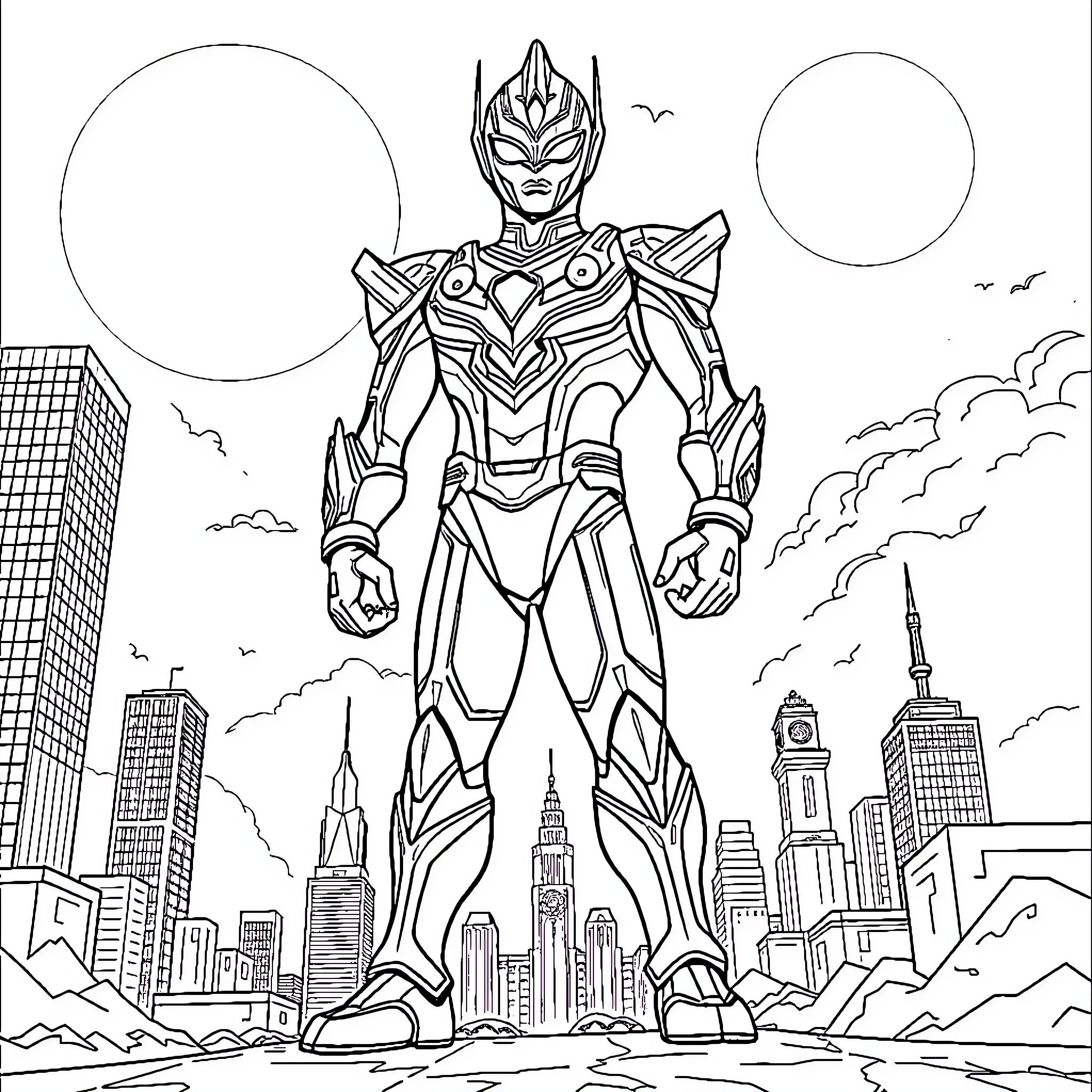 Ultraman stands heroically in the city Coloring Page (free black-and-white line drawing printable PDF for all, from beginners to advanced learners, including children, teens, adults, and seniors)