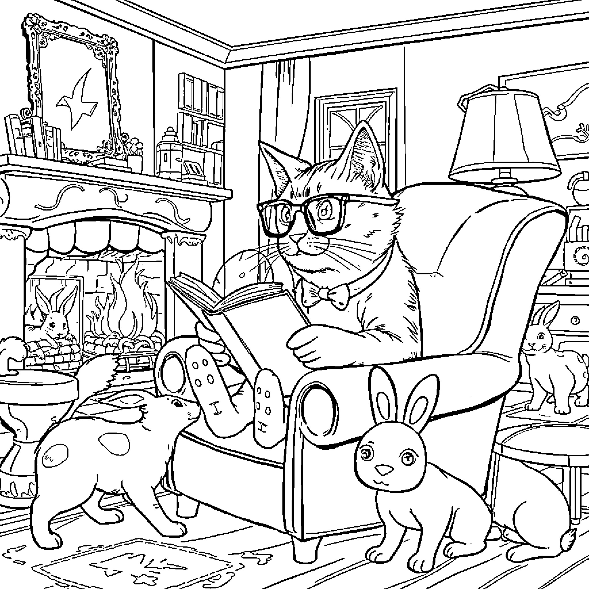 Cat relaxing with pets in a cozy home Coloring Page (free black-and-white line drawing printable PDF for all, from beginners to advanced learners, including children, teens, adults, and seniors)