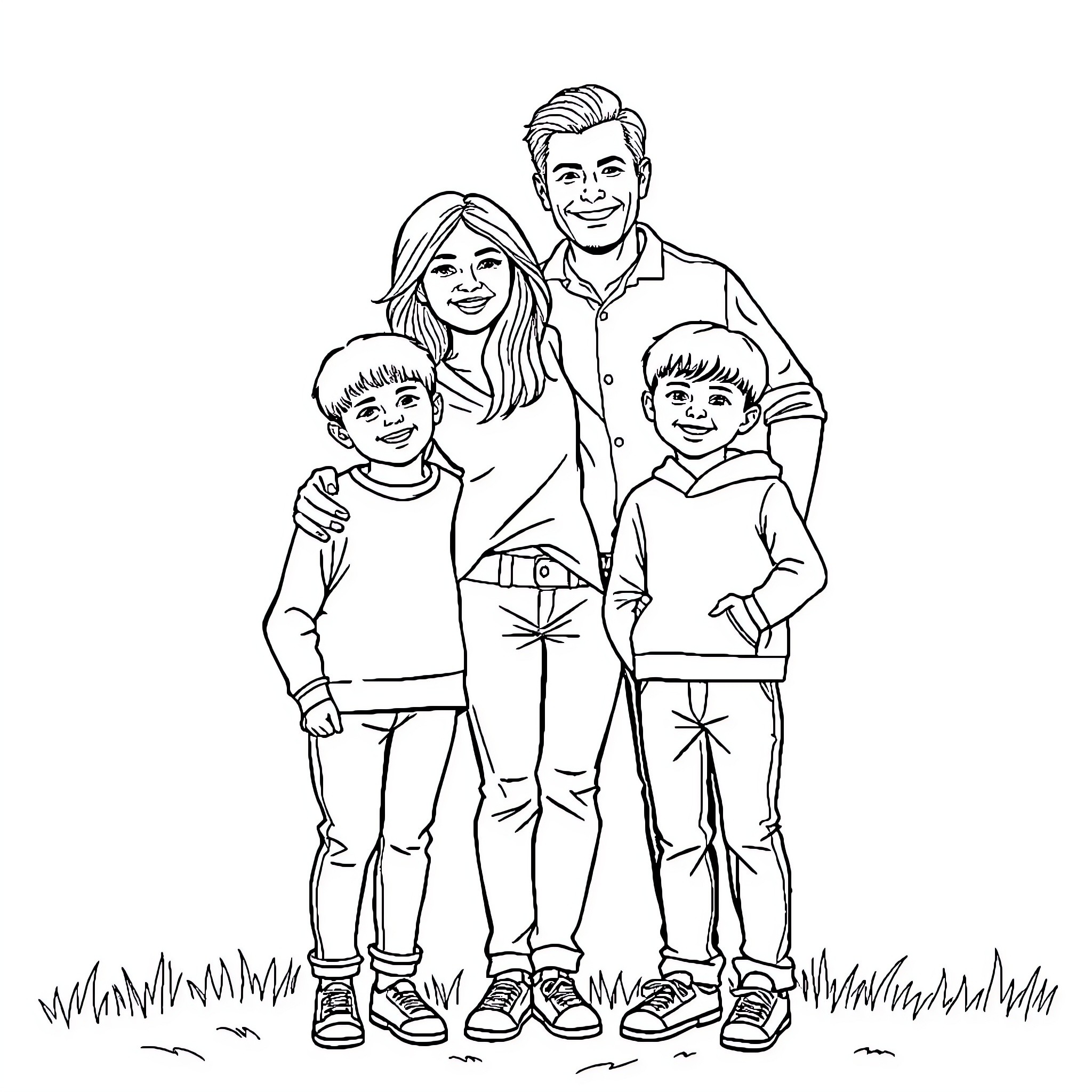 Family Enjoying a Casual Outdoor Day Coloring Page (free black-and-white line drawing printable PDF for all, from beginners to advanced learners, including children, teens, adults, and seniors)