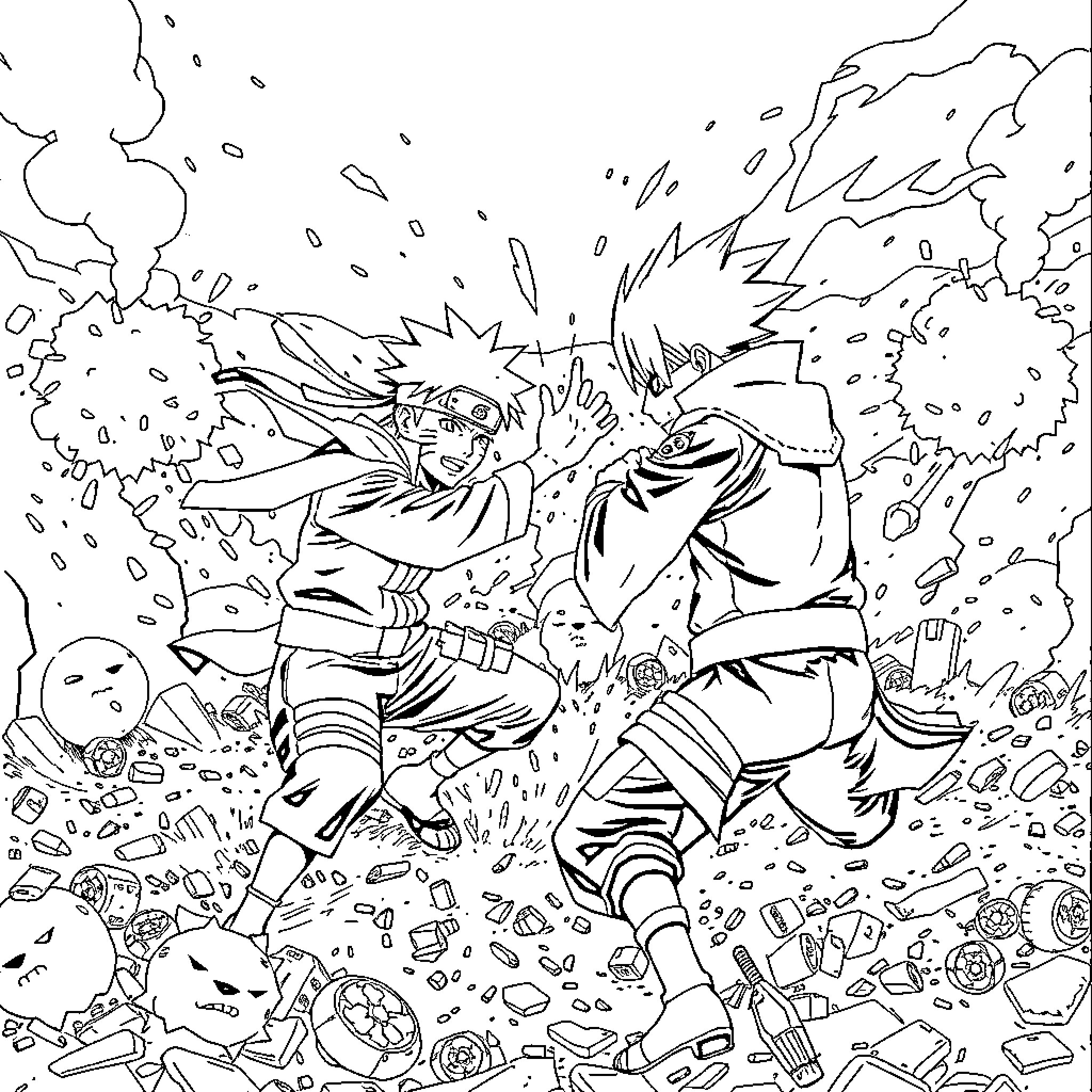 Naruto and Sasuke Fierce Battle in the Ninja World Coloring Page (free black-and-white line drawing printable PDF for all, from beginners to advanced learners, including children, teens, adults, and seniors)