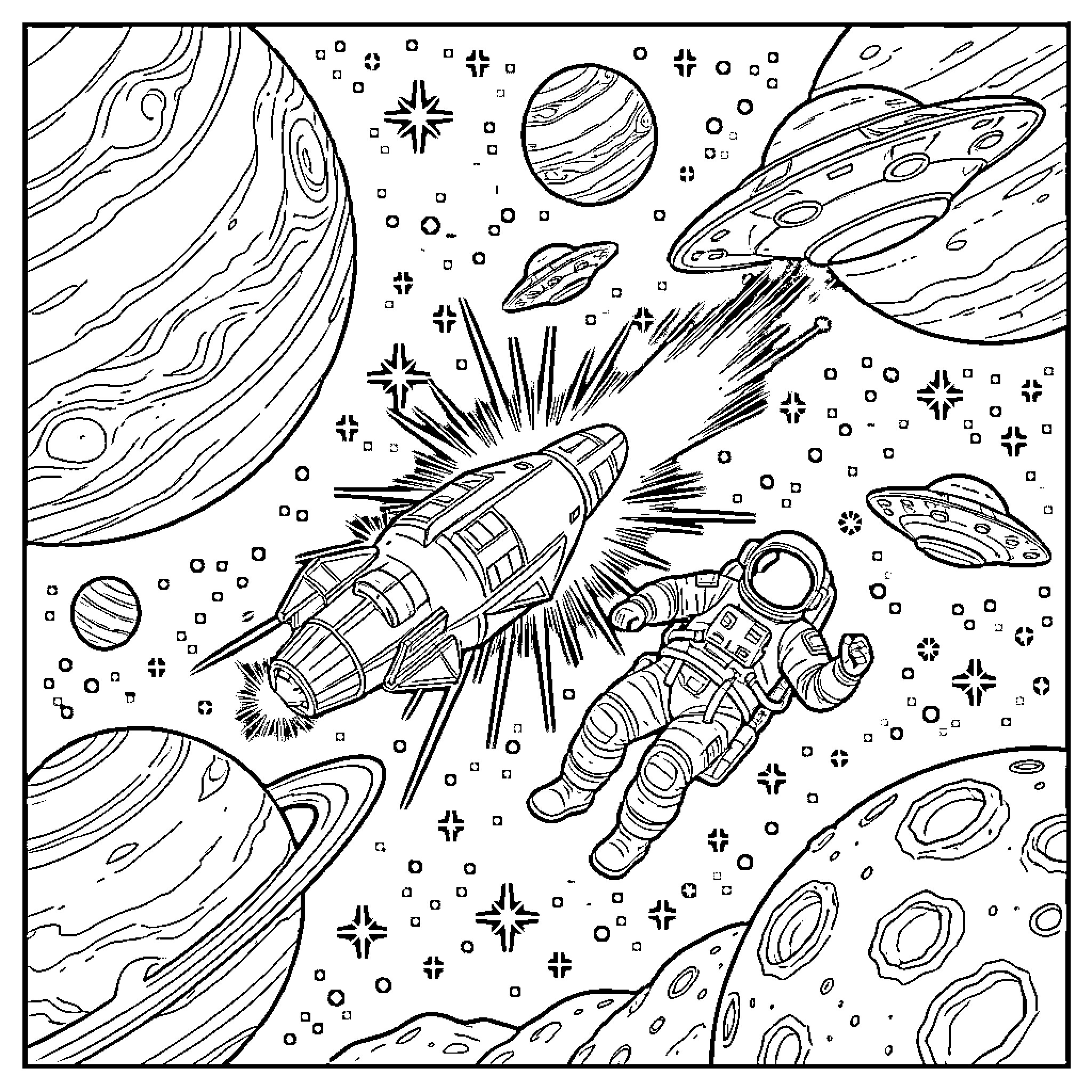 Espacio: Cosmic Journey with Spaceships and Astronauts Coloring Page (free black-and-white line drawing printable PDF for all, from beginners to advanced learners, including children, teens, adults, and seniors)