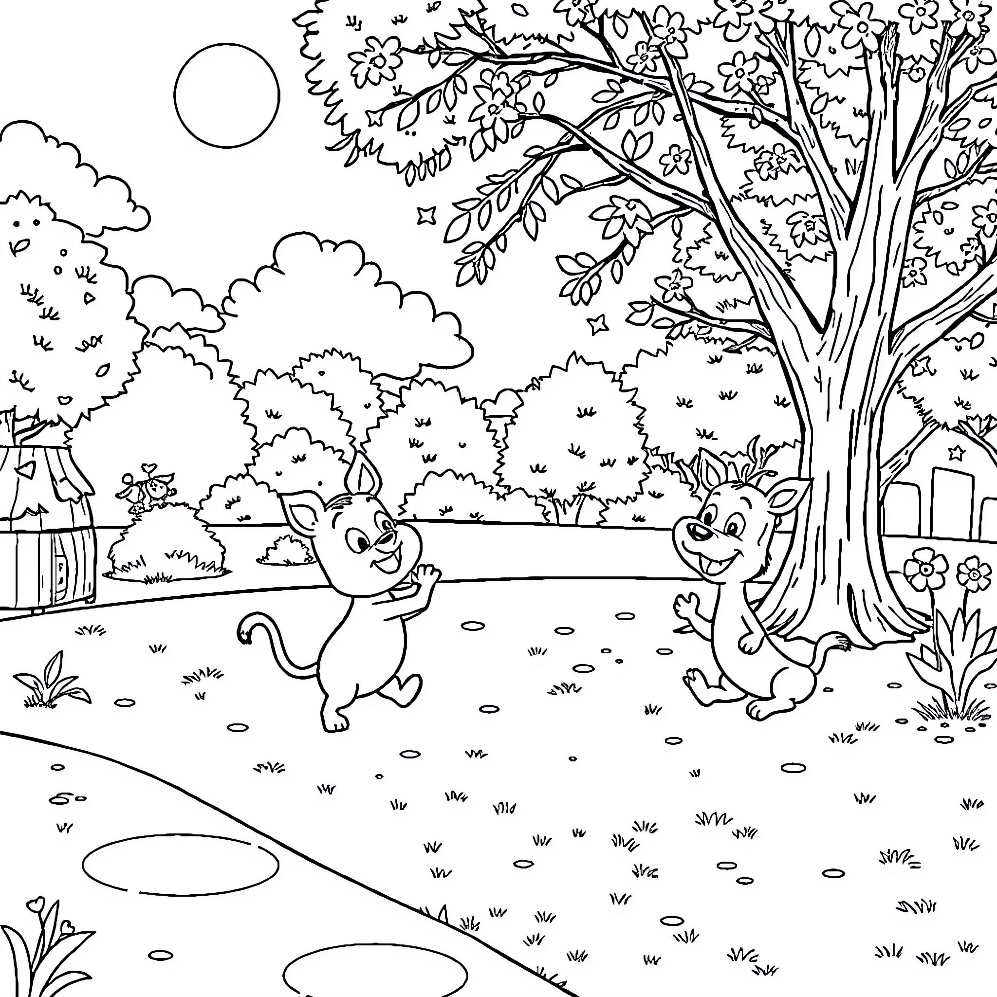 Bing Playing Happily in Forest Landscape Coloring Page (free black-and-white line drawing printable PDF for all, from beginners to advanced learners, including children, teens, adults, and seniors)