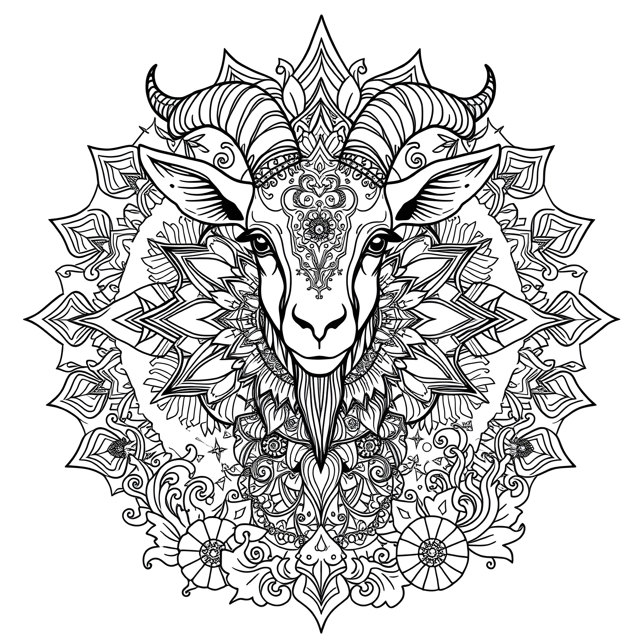 Goat with intricate floral mandala patterns Coloring Page (free black-and-white line drawing printable PDF for all, from beginners to advanced learners, including children, teens, adults, and seniors)