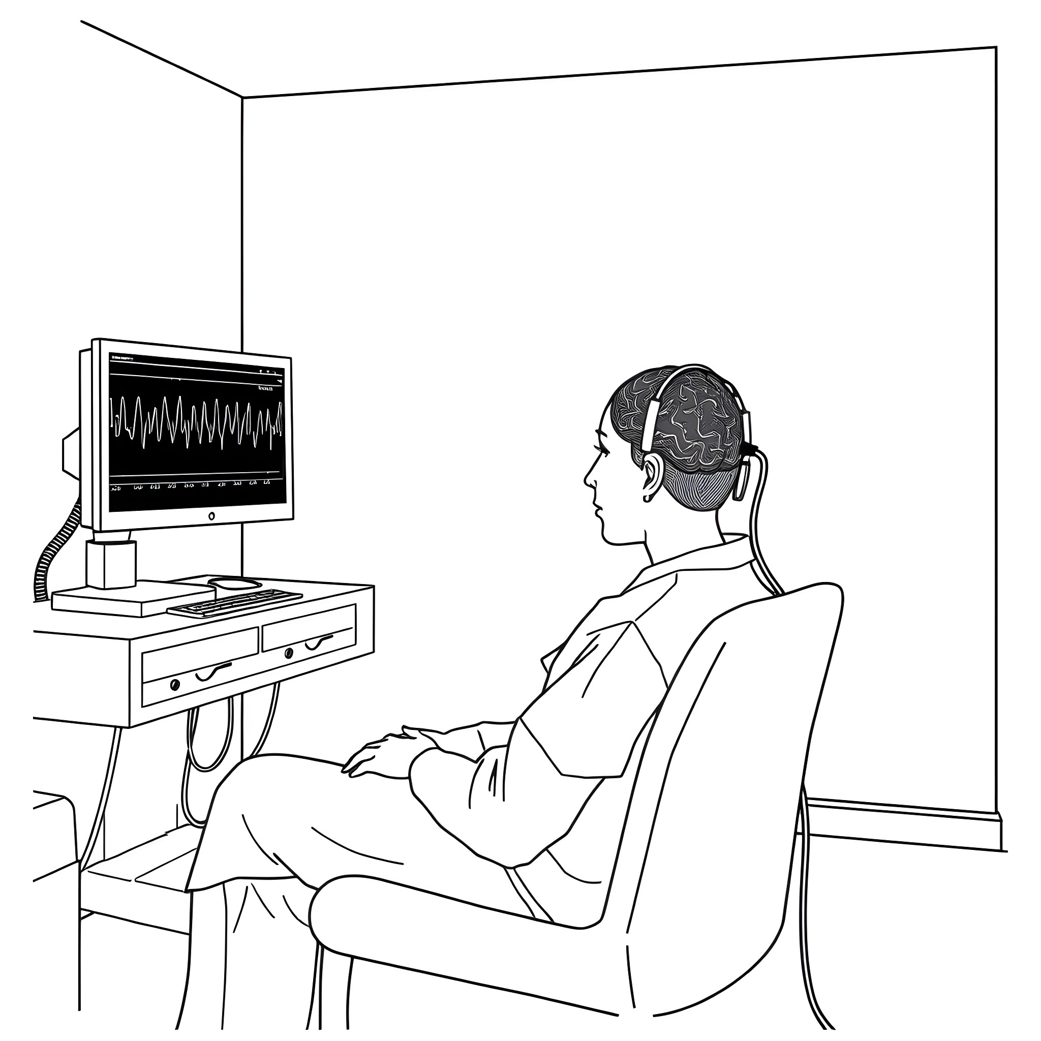 Person undergoing medical examination with monitor display Coloring Page (free black-and-white line drawing printable PDF for all, from beginners to advanced learners, including children, teens, adults, and seniors)