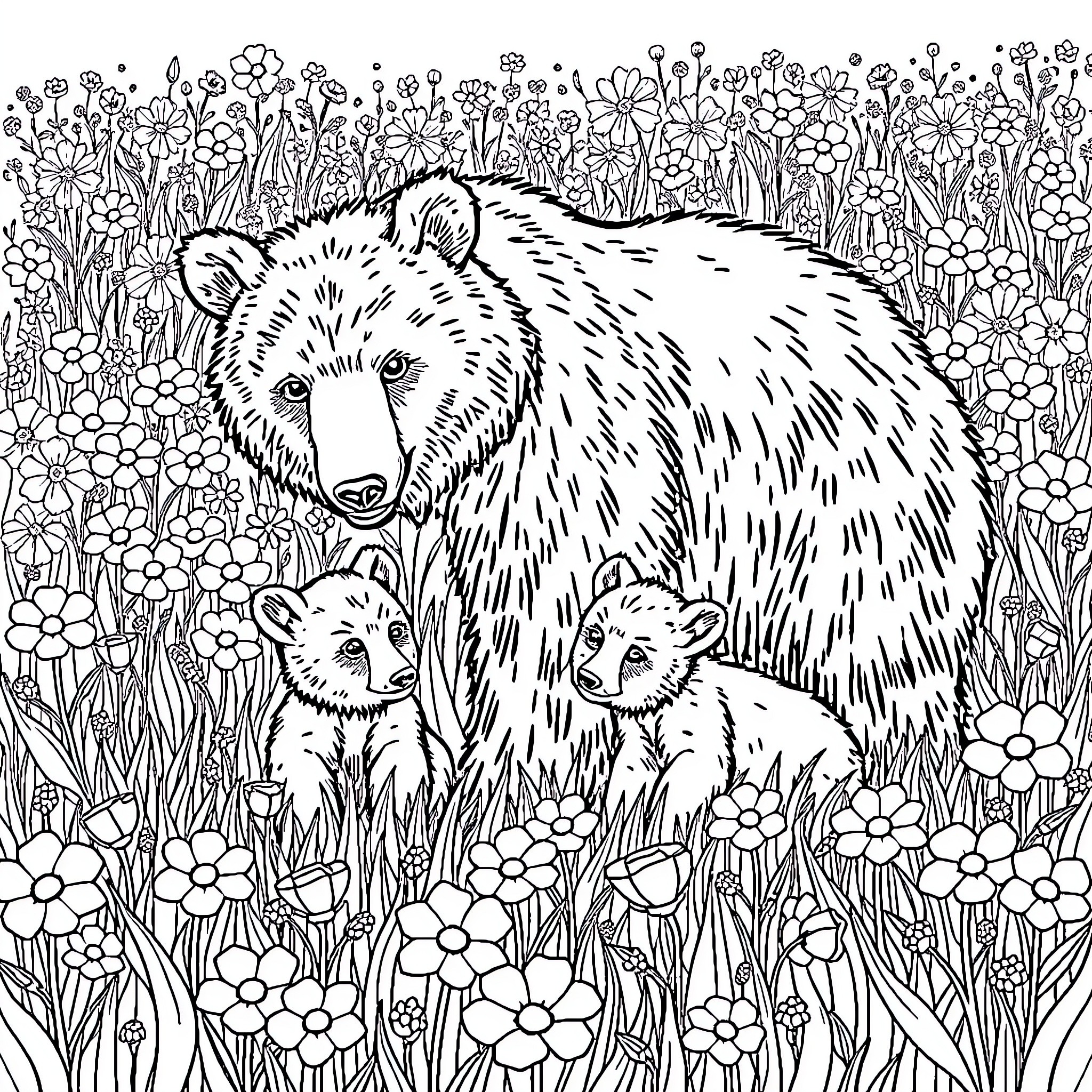 Bear Family in Blooming Floral Meadow Coloring Page (free black-and-white line drawing printable PDF for all, from beginners to advanced learners, including children, teens, adults, and seniors)