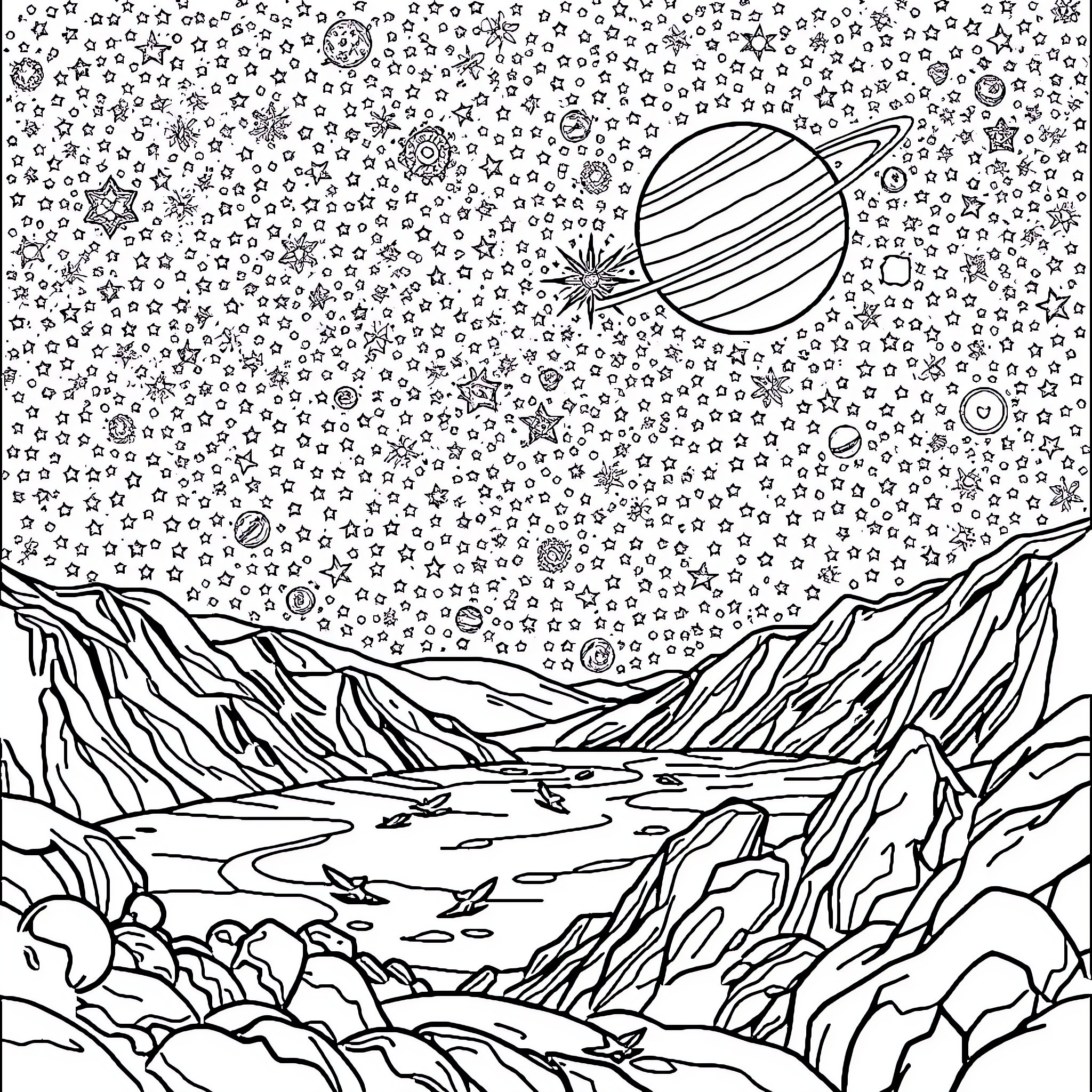 Universe filled with celestial objects and landscapes Coloring Page (free black-and-white line drawing printable PDF for all, from beginners to advanced learners, including children, teens, adults, and seniors)
