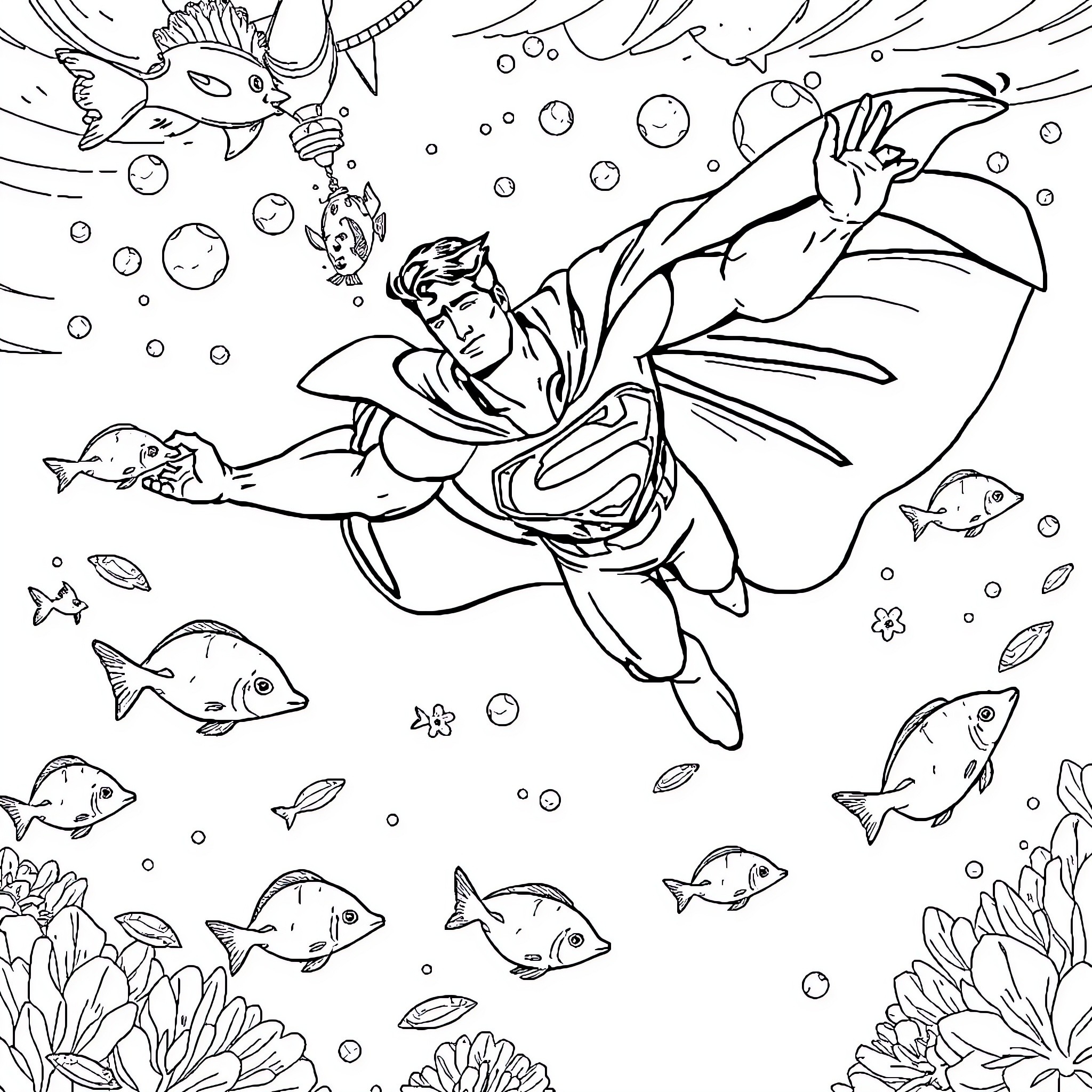 Superman saves marine life underwater Coloring Page (free black-and-white line drawing printable PDF for all, from beginners to advanced learners, including children, teens, adults, and seniors)