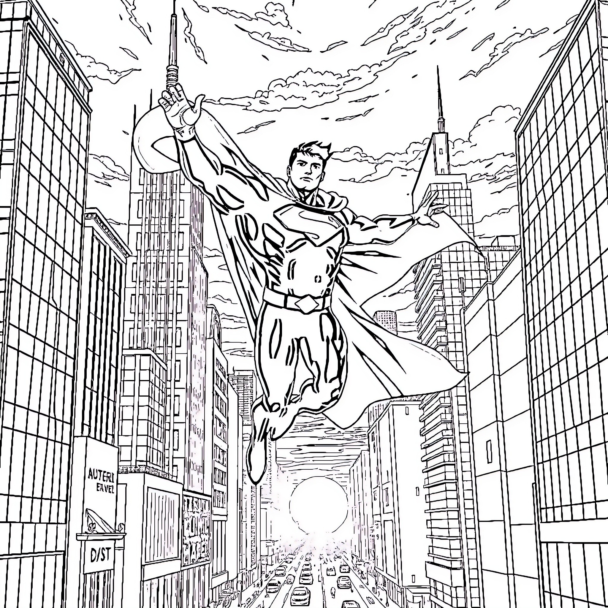 Superhero Soaring Over Skyscrapers in Metropolis Coloring Page (free black-and-white line drawing printable PDF for all, from beginners to advanced learners, including children, teens, adults, and seniors)