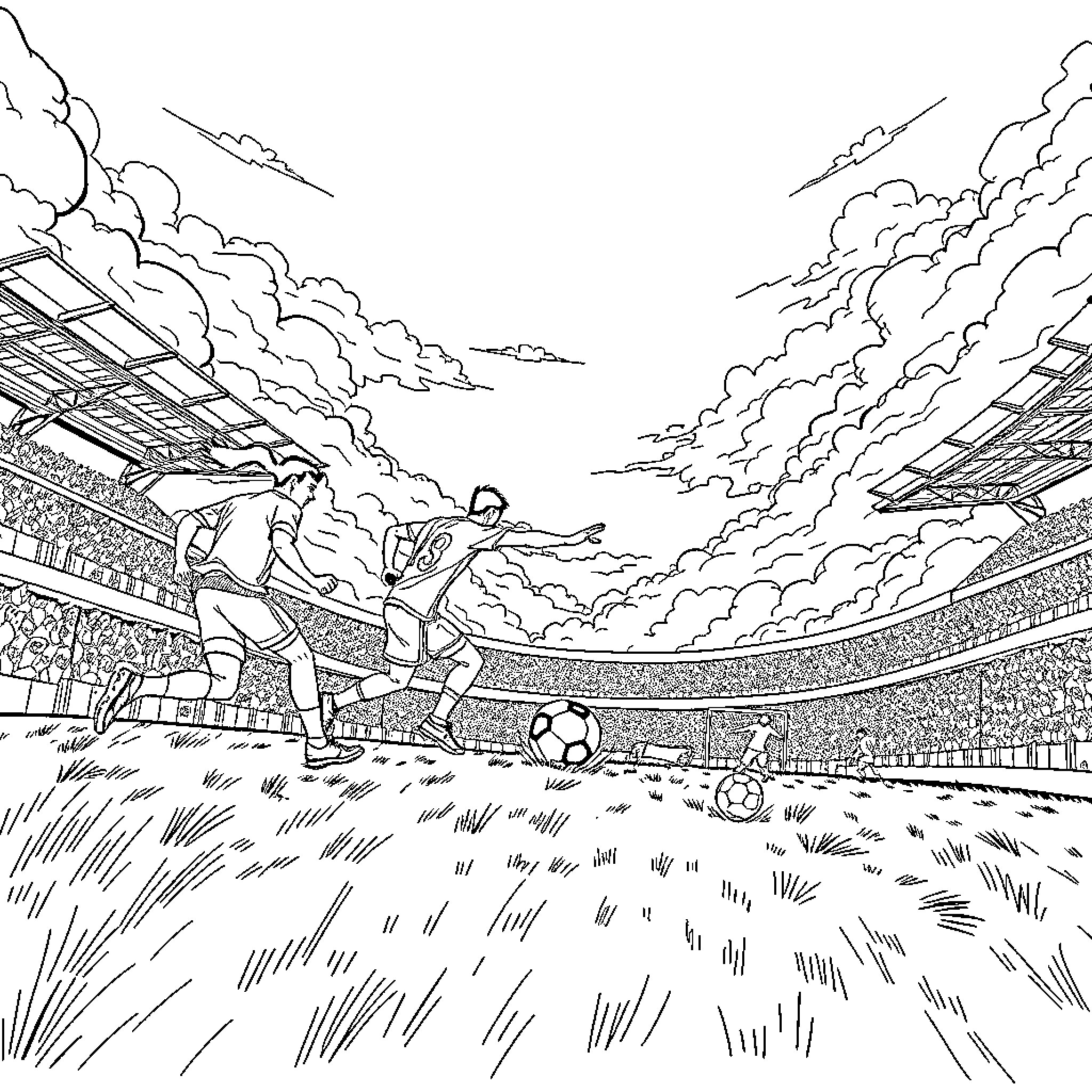 Soccer Field: Players Competing Intensely on the Pitch Coloring Page (free black-and-white line drawing printable PDF for all, from beginners to advanced learners, including children, teens, adults, and seniors)