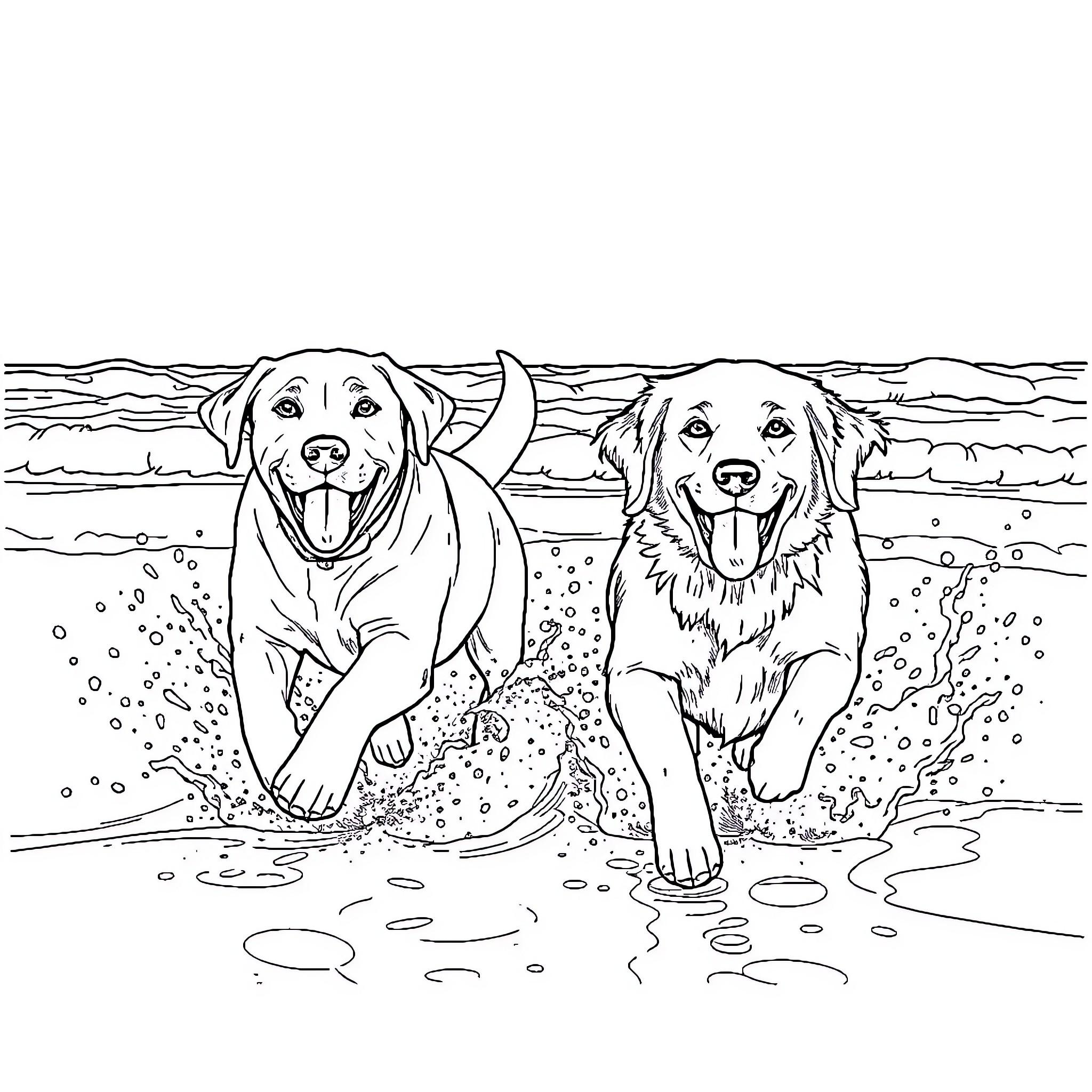 Dogs playing joyfully at the beach Coloring Page (free black-and-white line drawing printable PDF for all, from beginners to advanced learners, including children, teens, adults, and seniors)