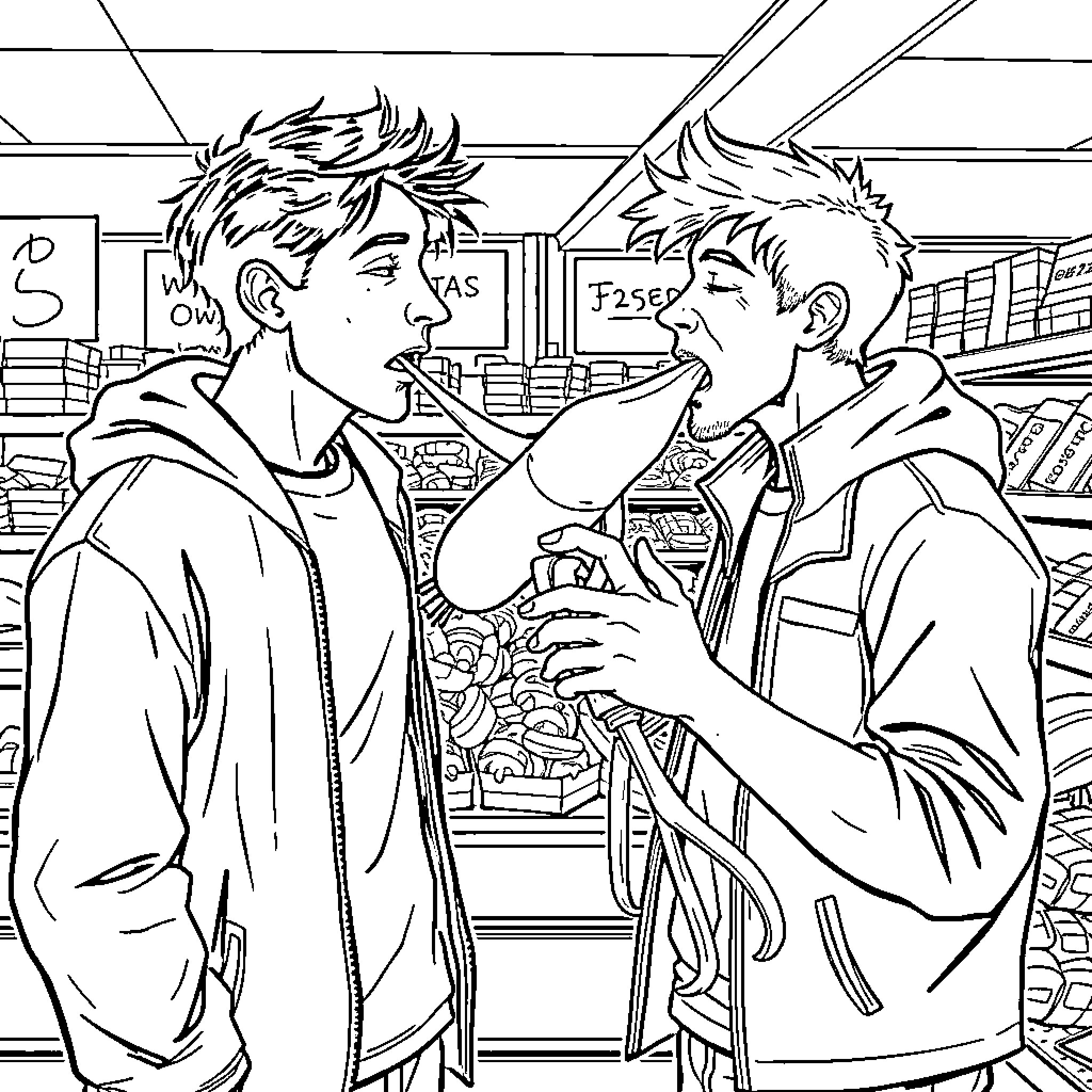 Guy arguing with another guy in a convenience store Coloring Page (free black-and-white line drawing printable PDF for all, from beginners to advanced learners, including children, teens, adults, and seniors)