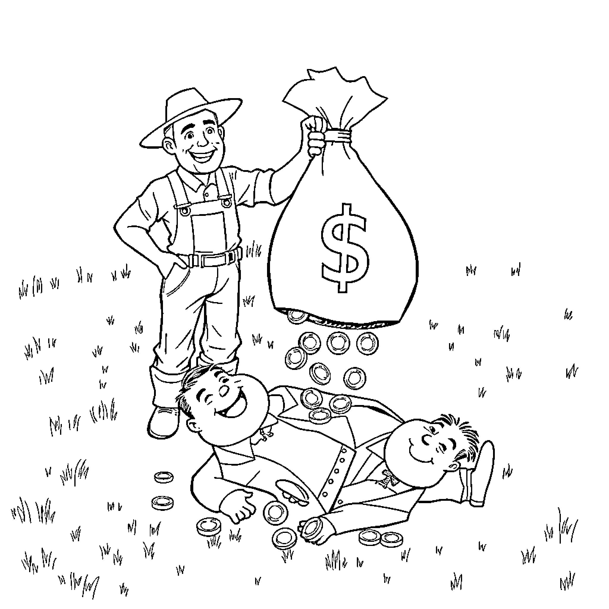 Farmer collecting money from sleeping men Coloring Page (free black-and-white line drawing printable PDF for all, from beginners to advanced learners, including children, teens, adults, and seniors)