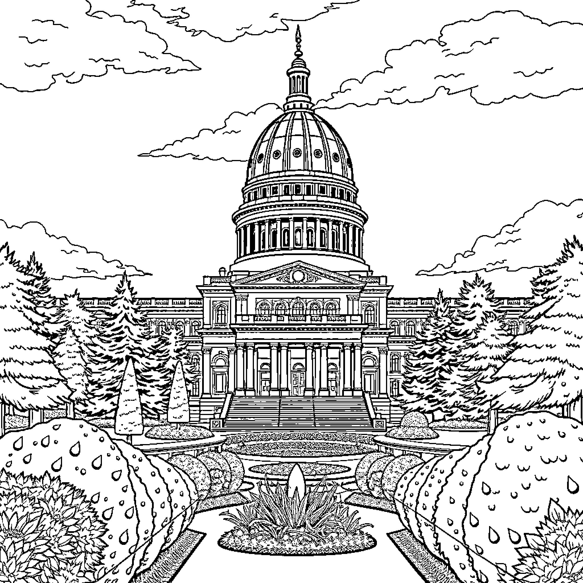 Capitol Building in Detailed Architectural Scene Coloring Page (free black-and-white line drawing printable PDF for all, from beginners to advanced learners, including children, teens, adults, and seniors)