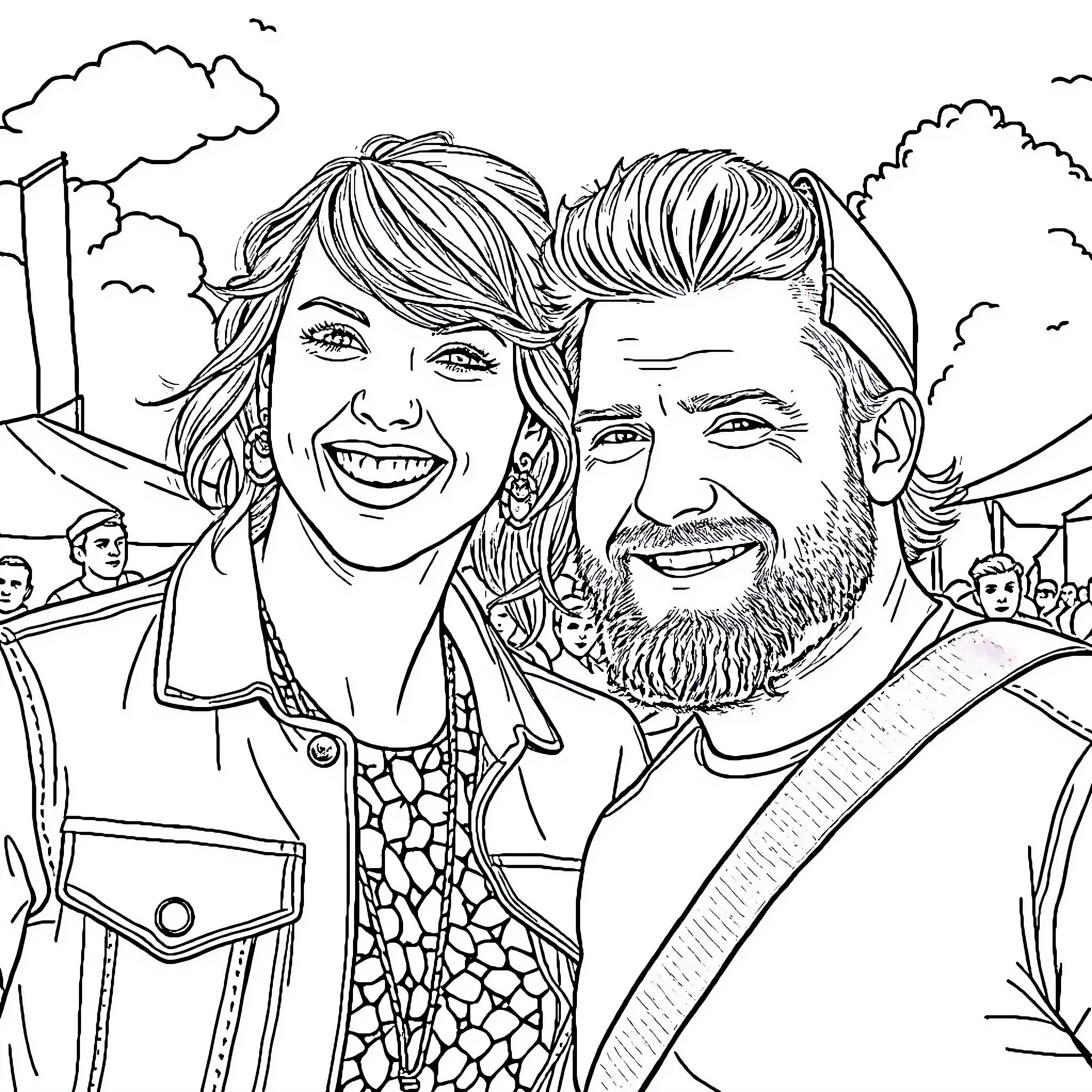 Taylor Swift and companion enjoy scenic outdoor setting Coloring Page (free black-and-white line drawing printable PDF for all, from beginners to advanced learners, including children, teens, adults, and seniors)